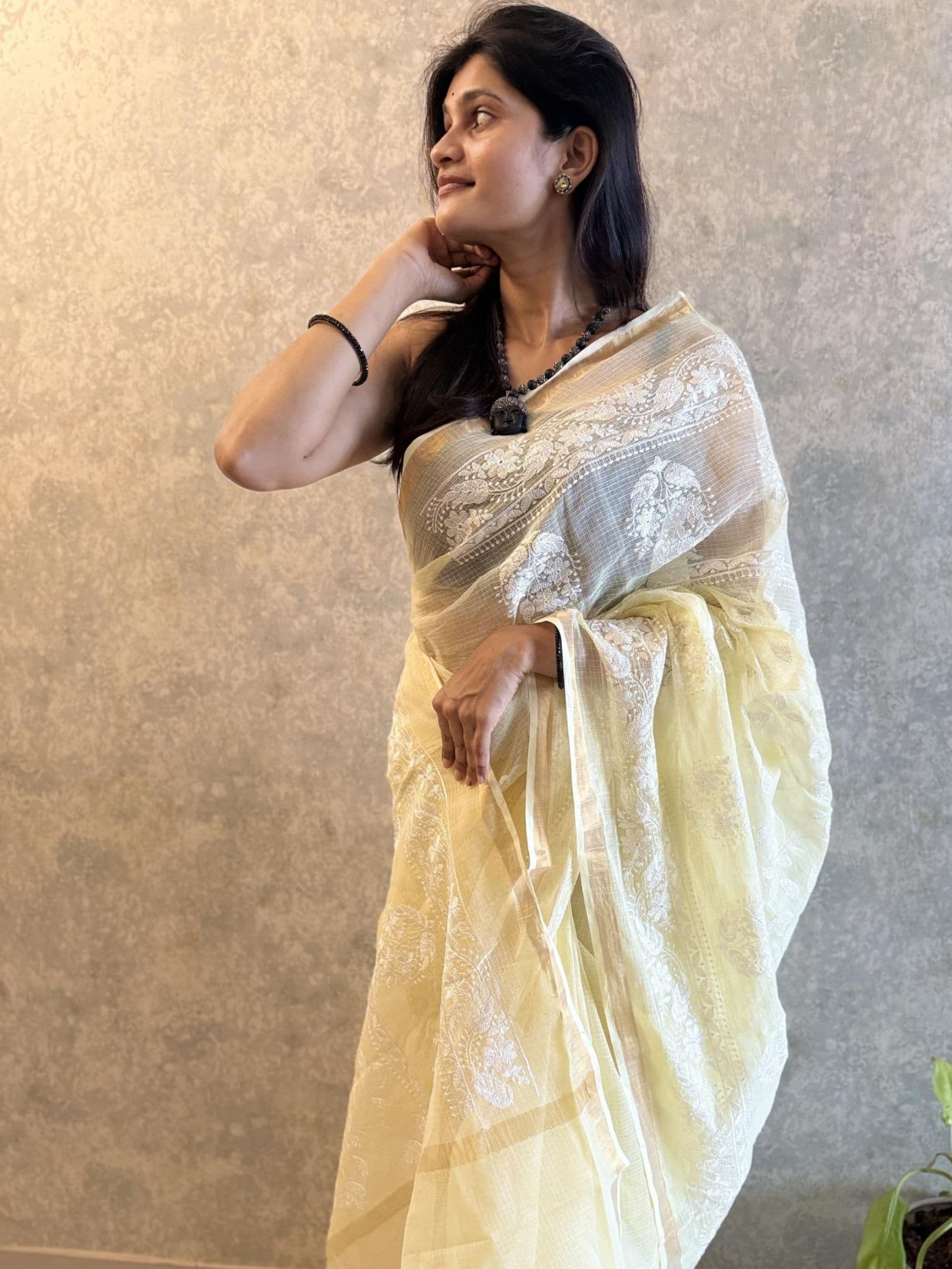 Embroidered Yellow Kota Doria Saree with White Floral Work