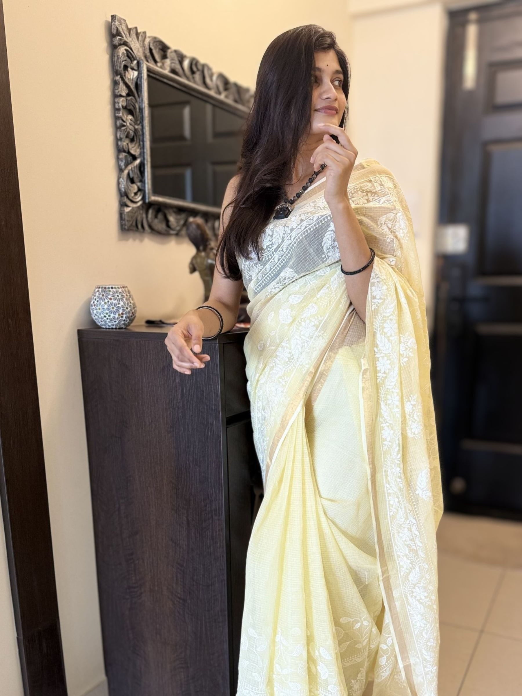Embroidered Yellow Kota Doria Saree with White Floral Work