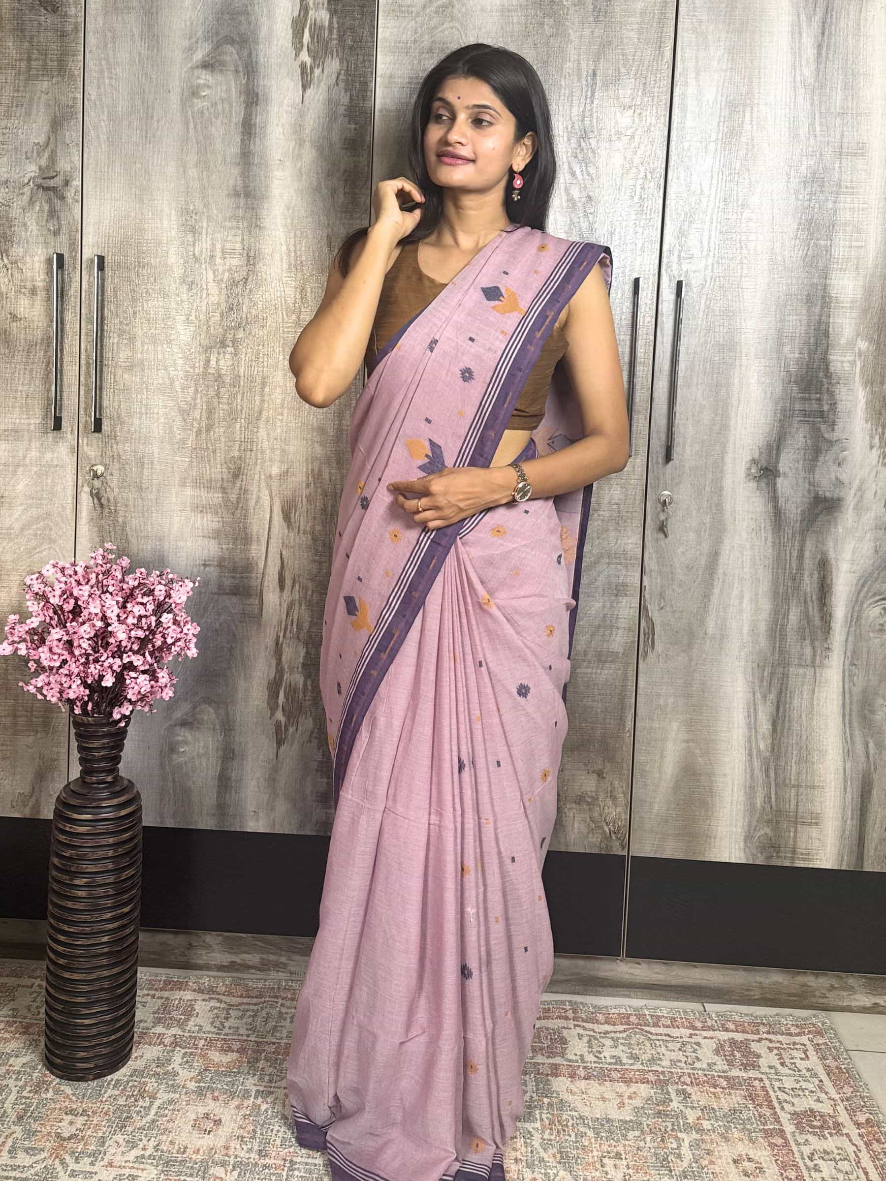 Lilac jacquard Jamdani cotton saree with purple border