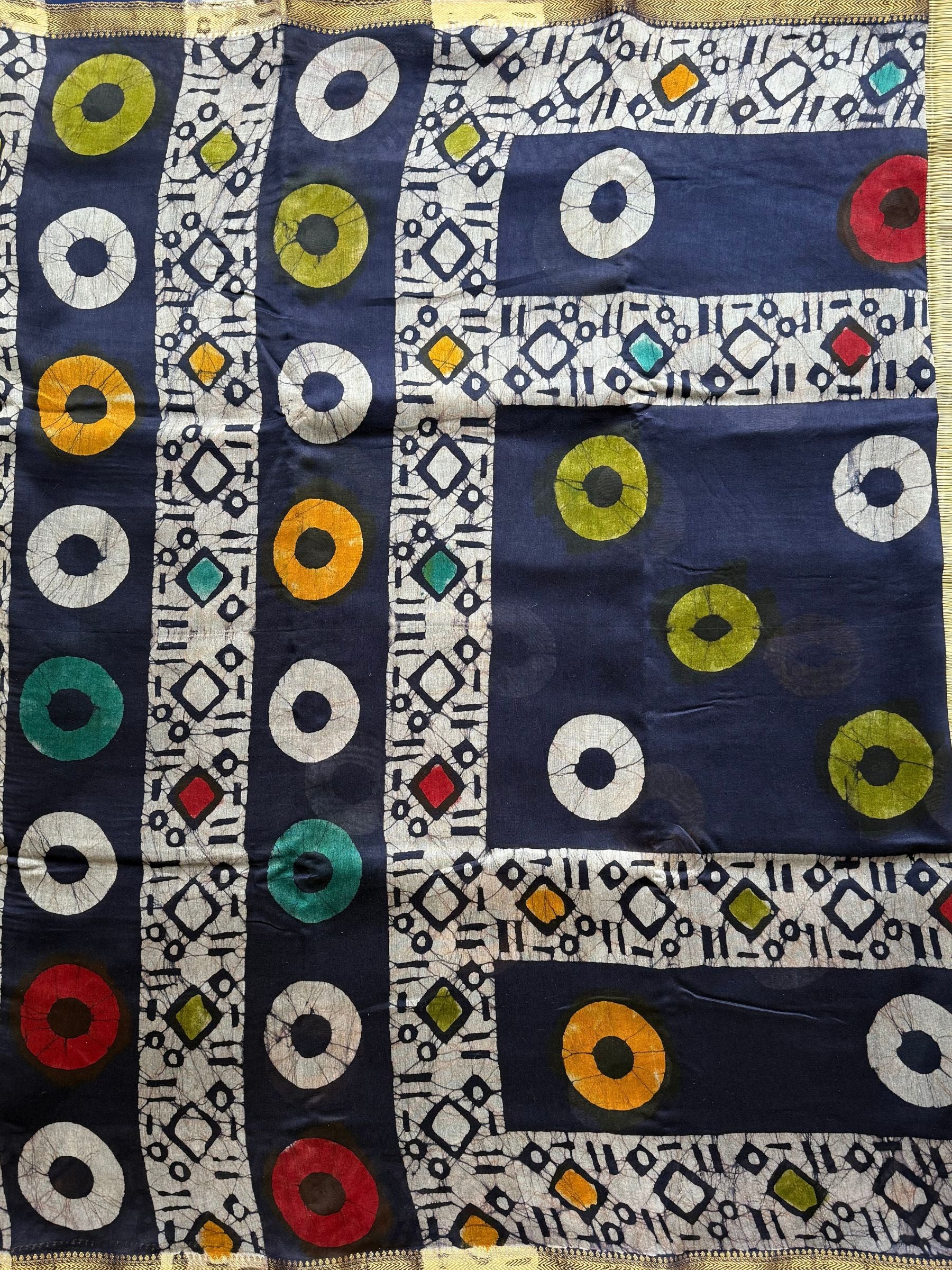 Maheshwari Block Print Silk Cotton Saree in Dark Blue