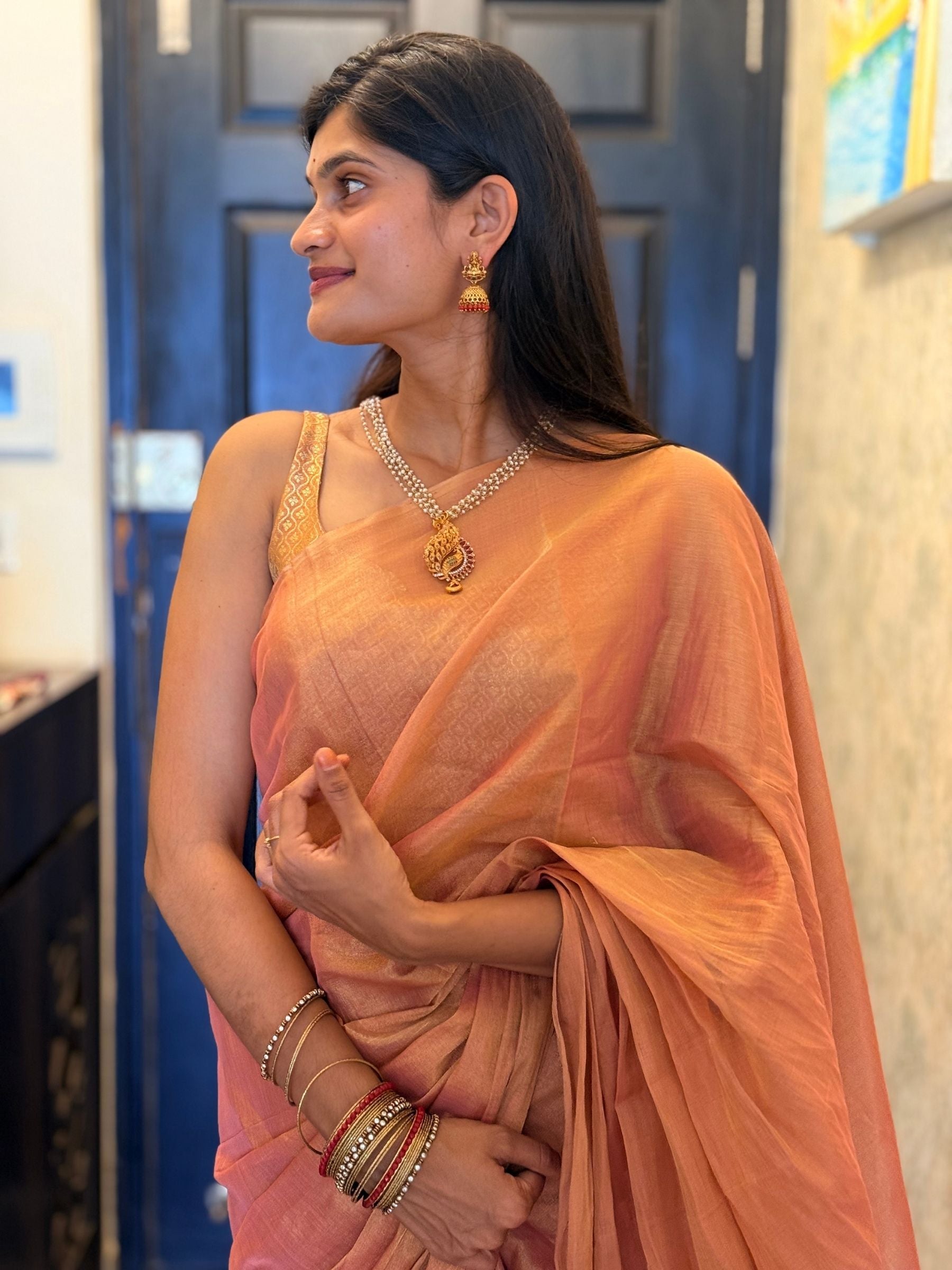 Handloom Tissue Silk Saree in Peach Gold