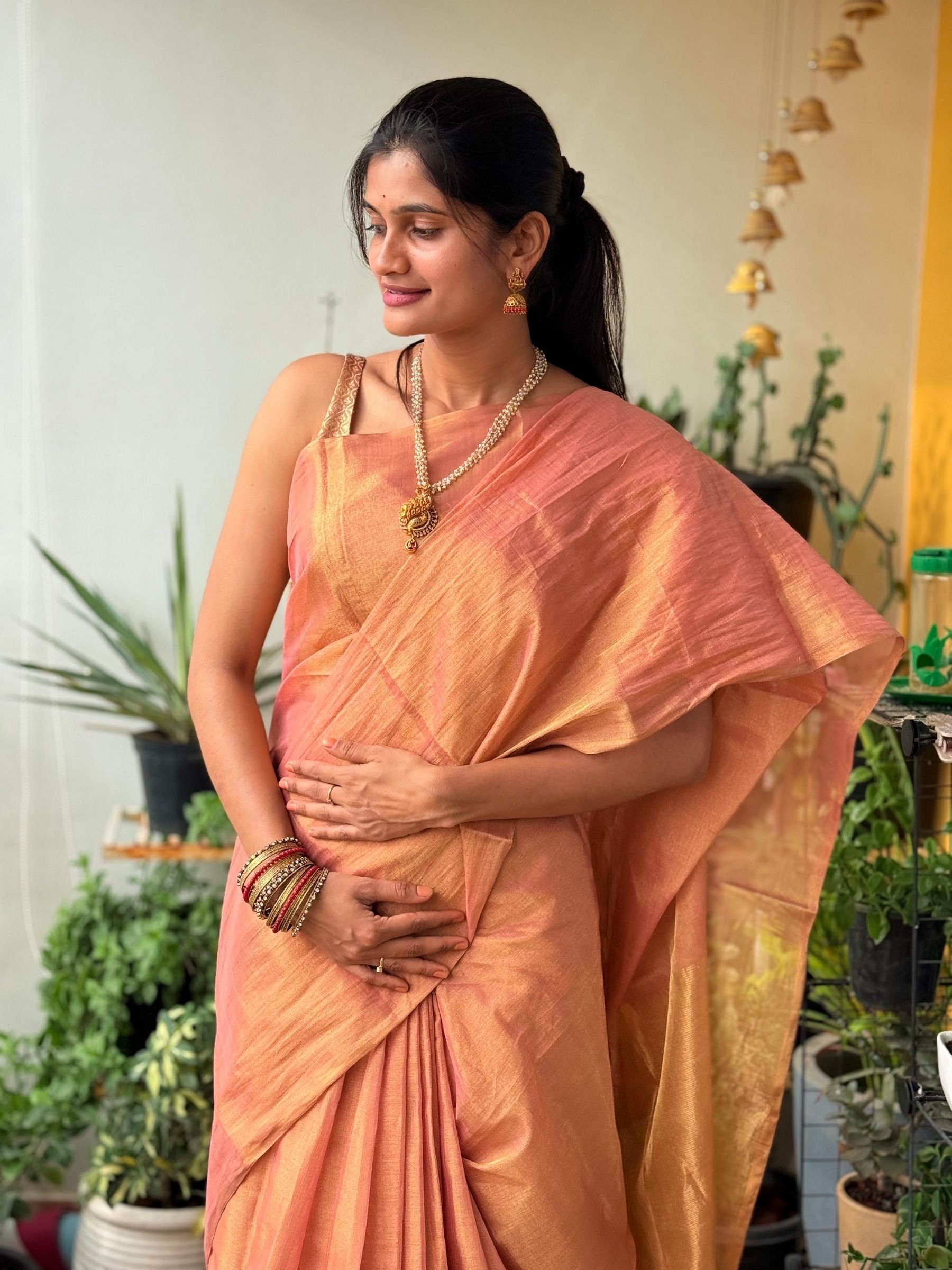 Handloom Tissue Silk Saree in Peach Gold