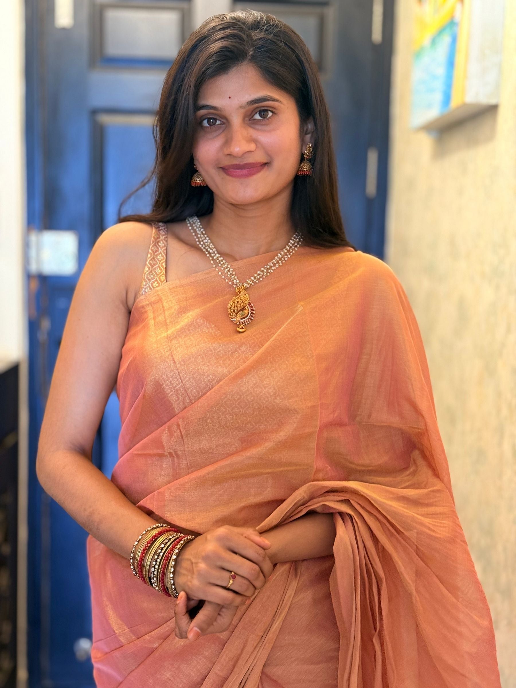 Handloom Tissue Silk Saree in Peach Gold