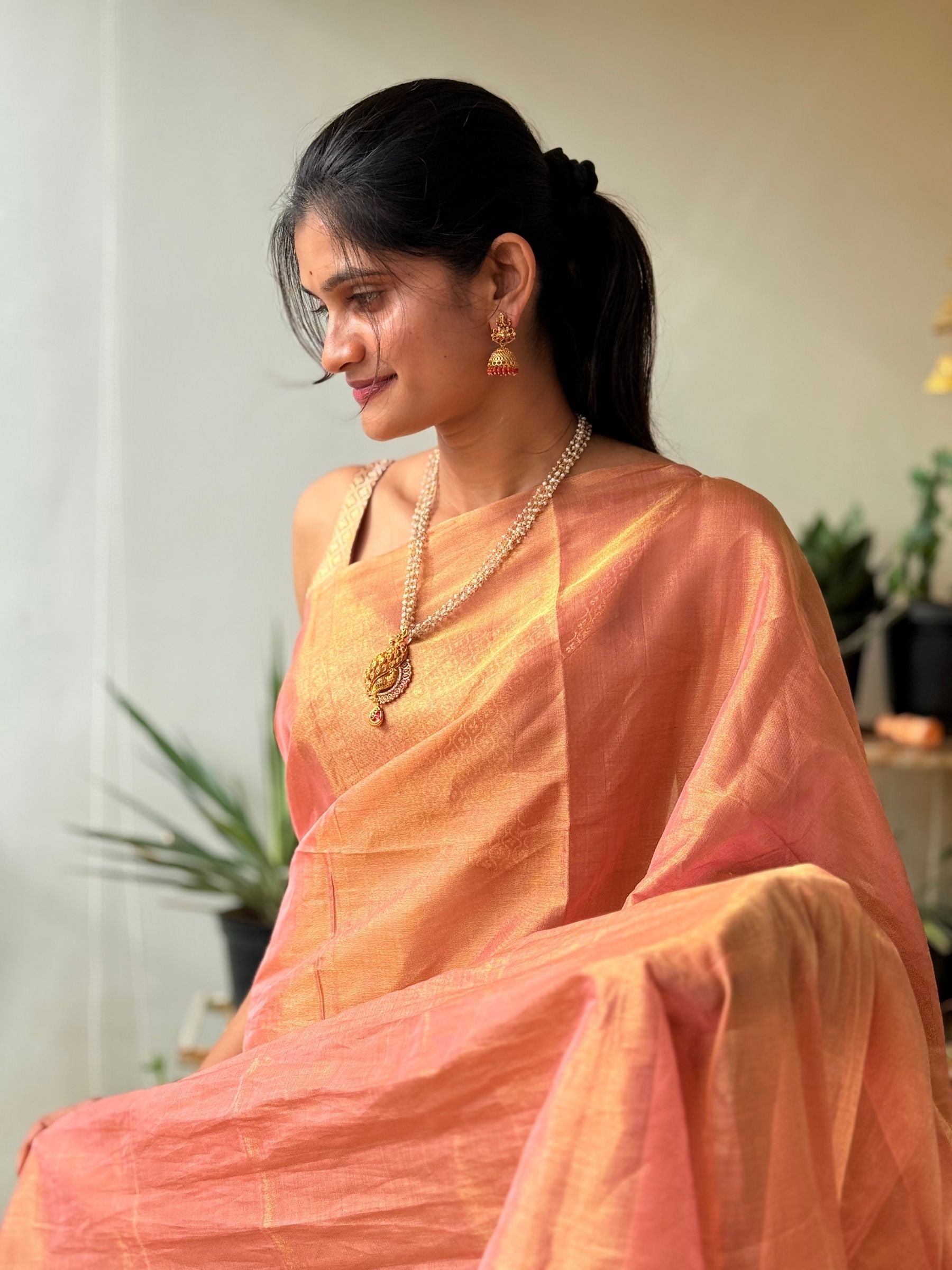 Handloom Tissue Silk Saree in Peach Gold