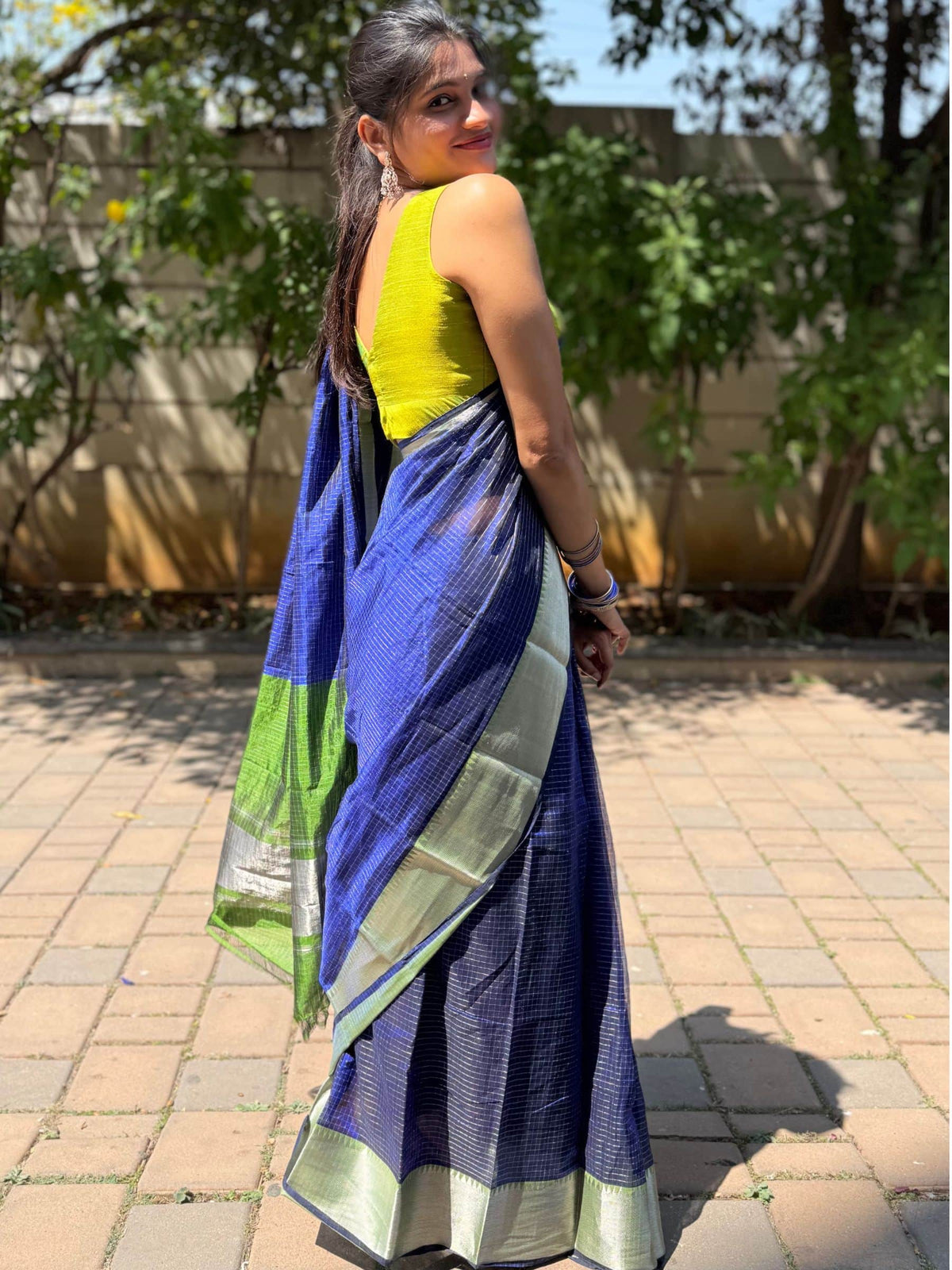 Handloom Mangalagiri Silk Cotton Saree in Blue and Green with Tissue Checked Weave