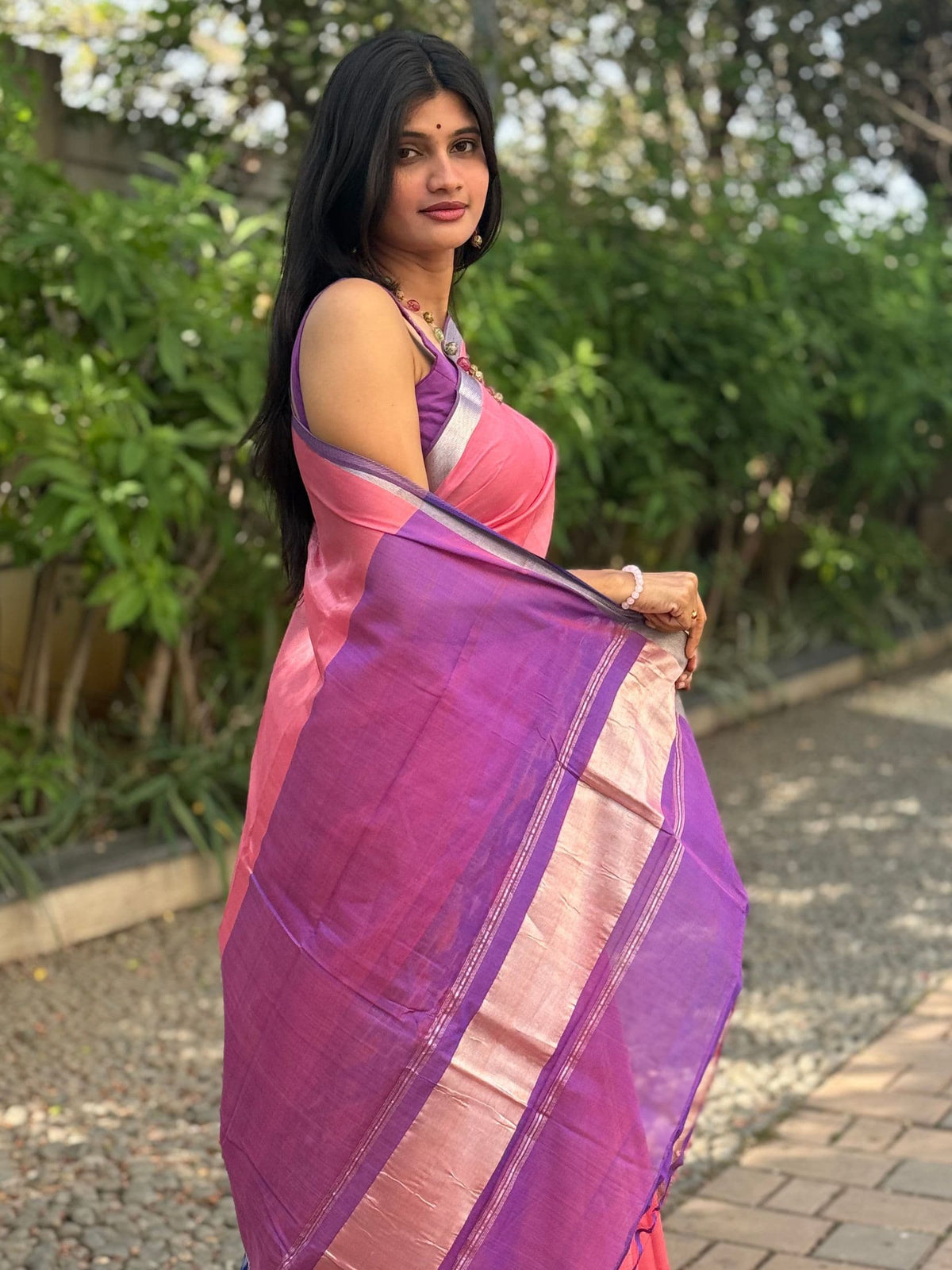 Handloom Mangalagiri Silk Cotton Saree in Pink and Purple with Ikat Border