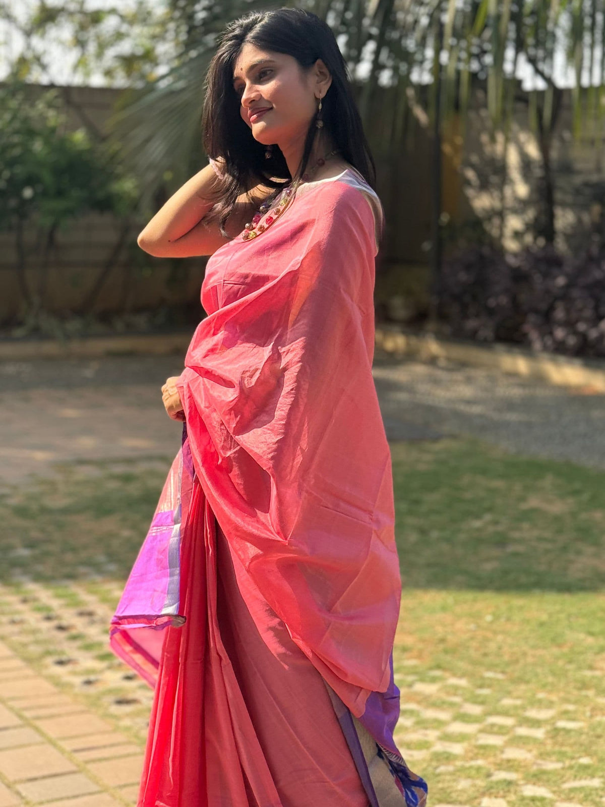 Handloom Mangalagiri Silk Cotton Saree in Pink and Purple with Ikat Border