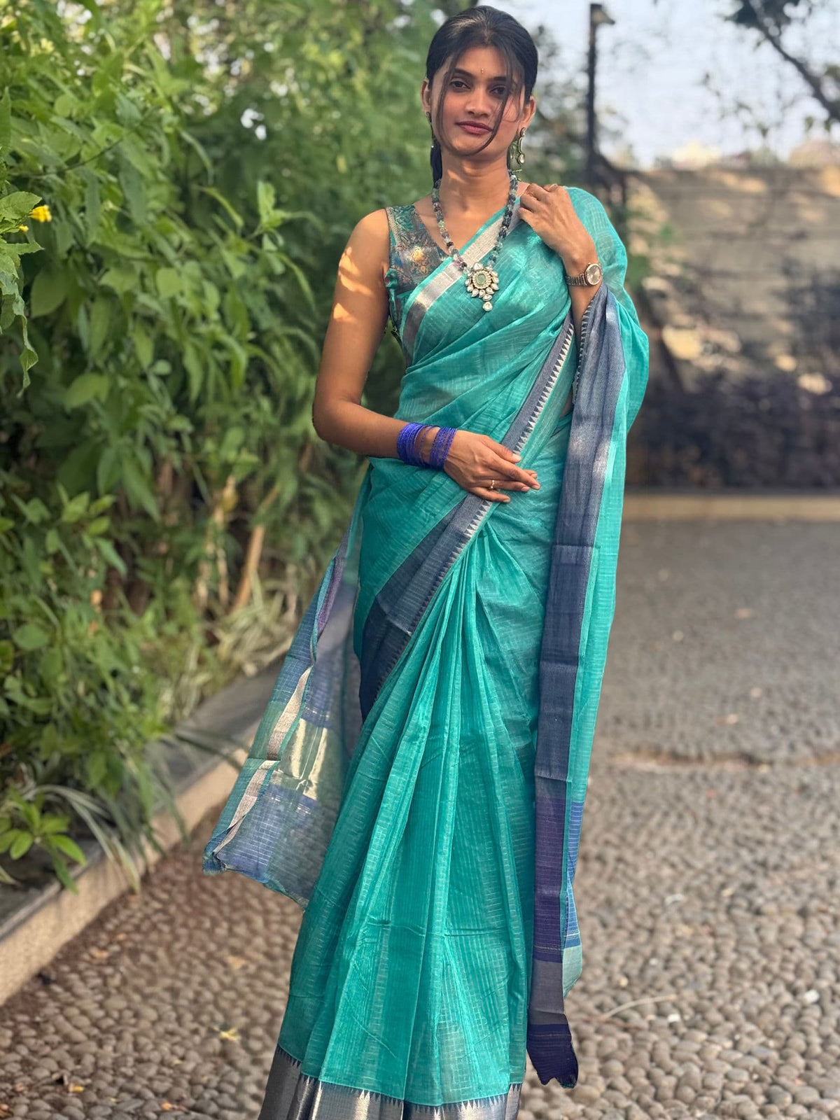 Handloom Mangalagiri Silk Cotton Saree in Teal and Blue with Tissue Checked Weave