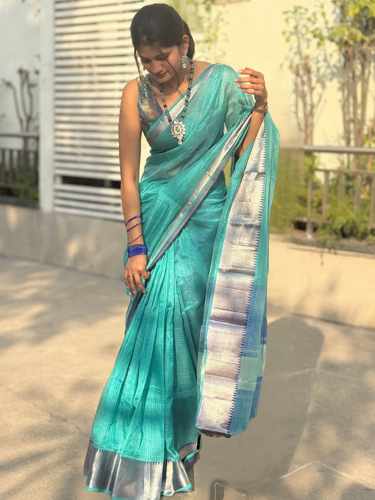 Handloom Mangalagiri Silk Cotton Saree in Teal and Blue with Tissue Checked Weave