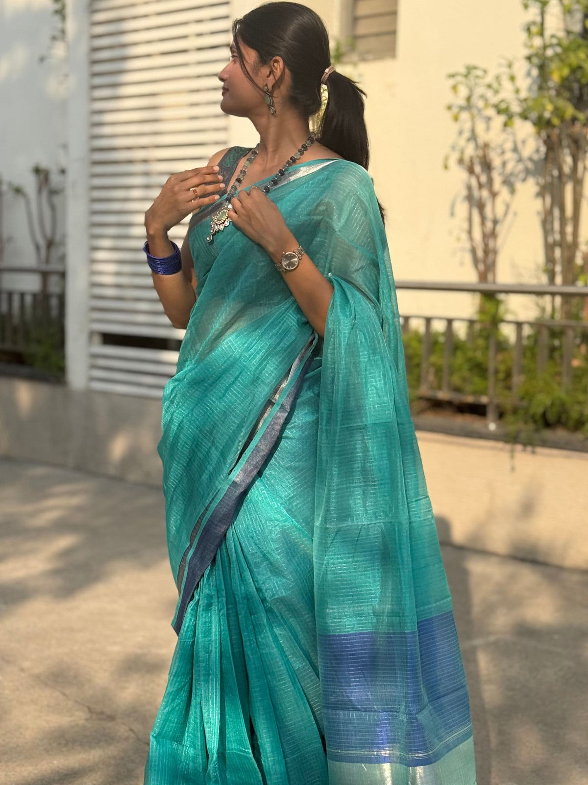 Handloom Mangalagiri Silk Cotton Saree in Teal and Blue with Tissue Checked Weave
