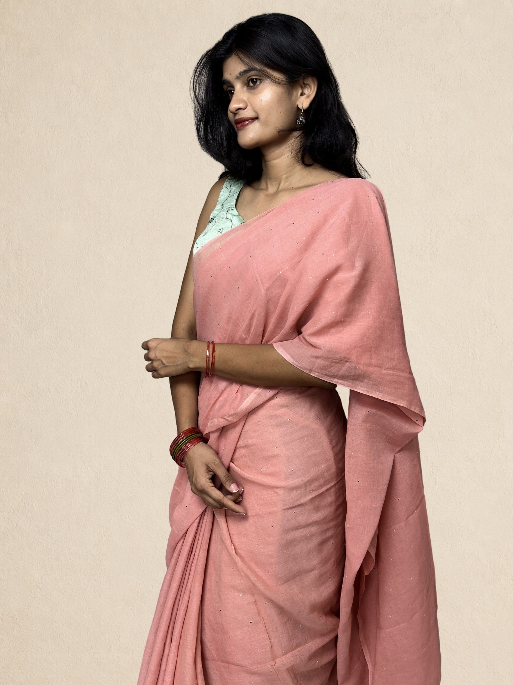 Mukaish Mul Cotton Saree with Crochet Work in Peach