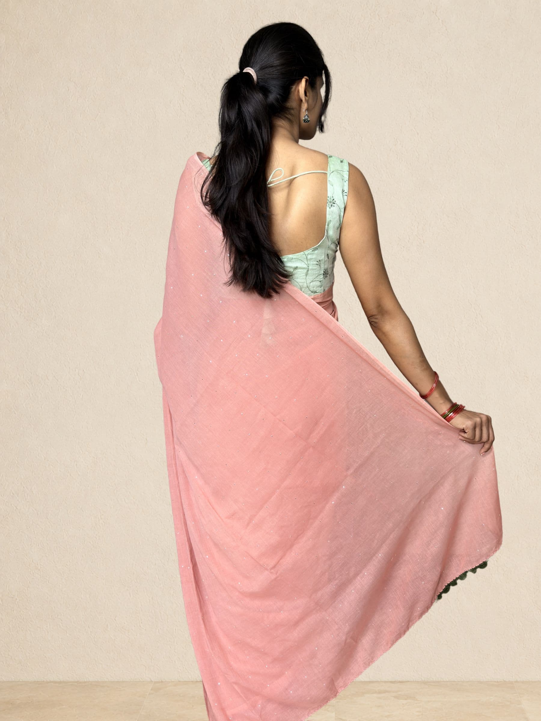 Mukaish Mul Cotton Saree with Crochet Work in Peach