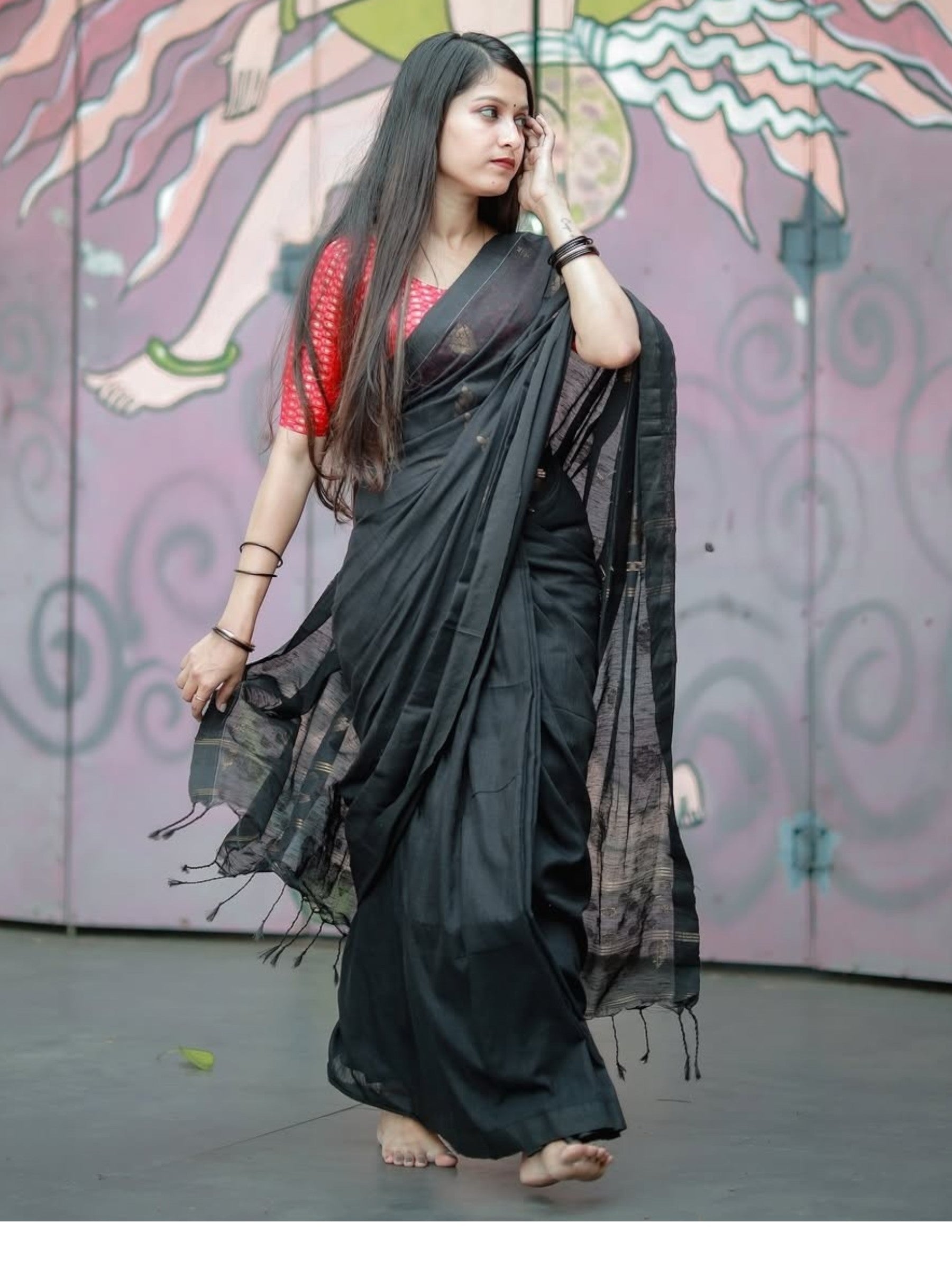 Organic Linen Saree in Black