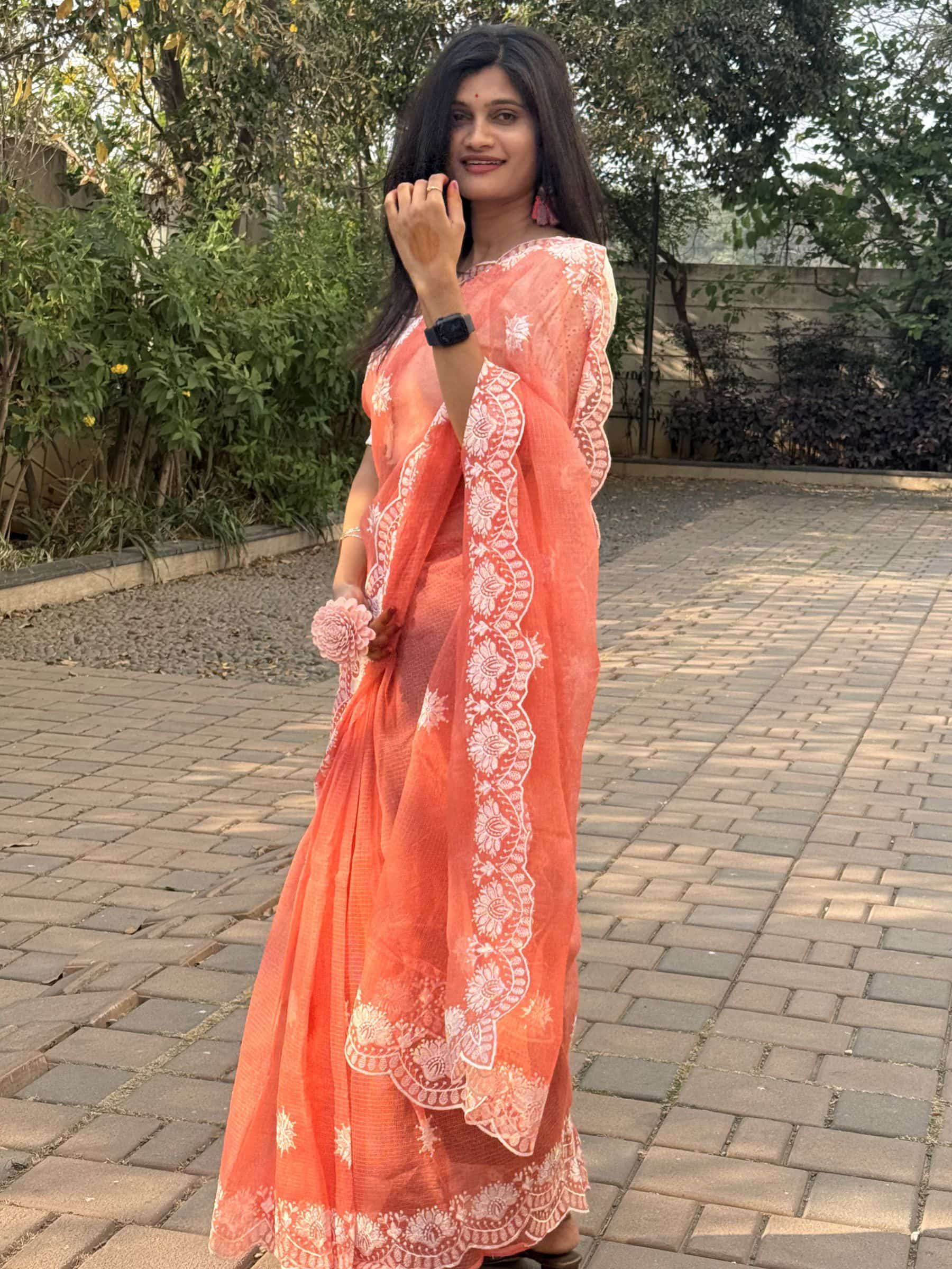 Lightweight Kota Doria saree with embroidery and scalloped border