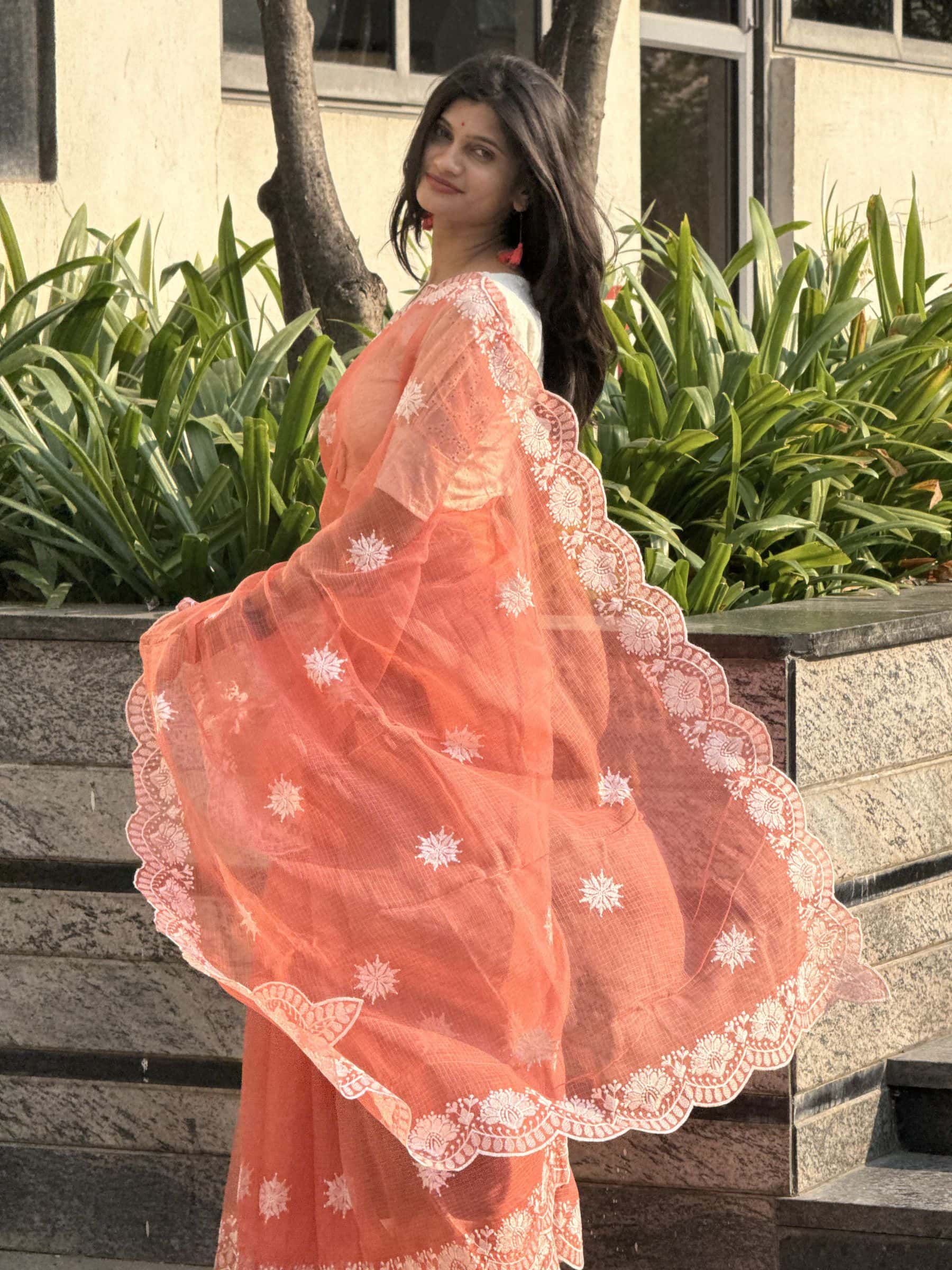 Embroidered Kota Doria Saree in Rust Orange