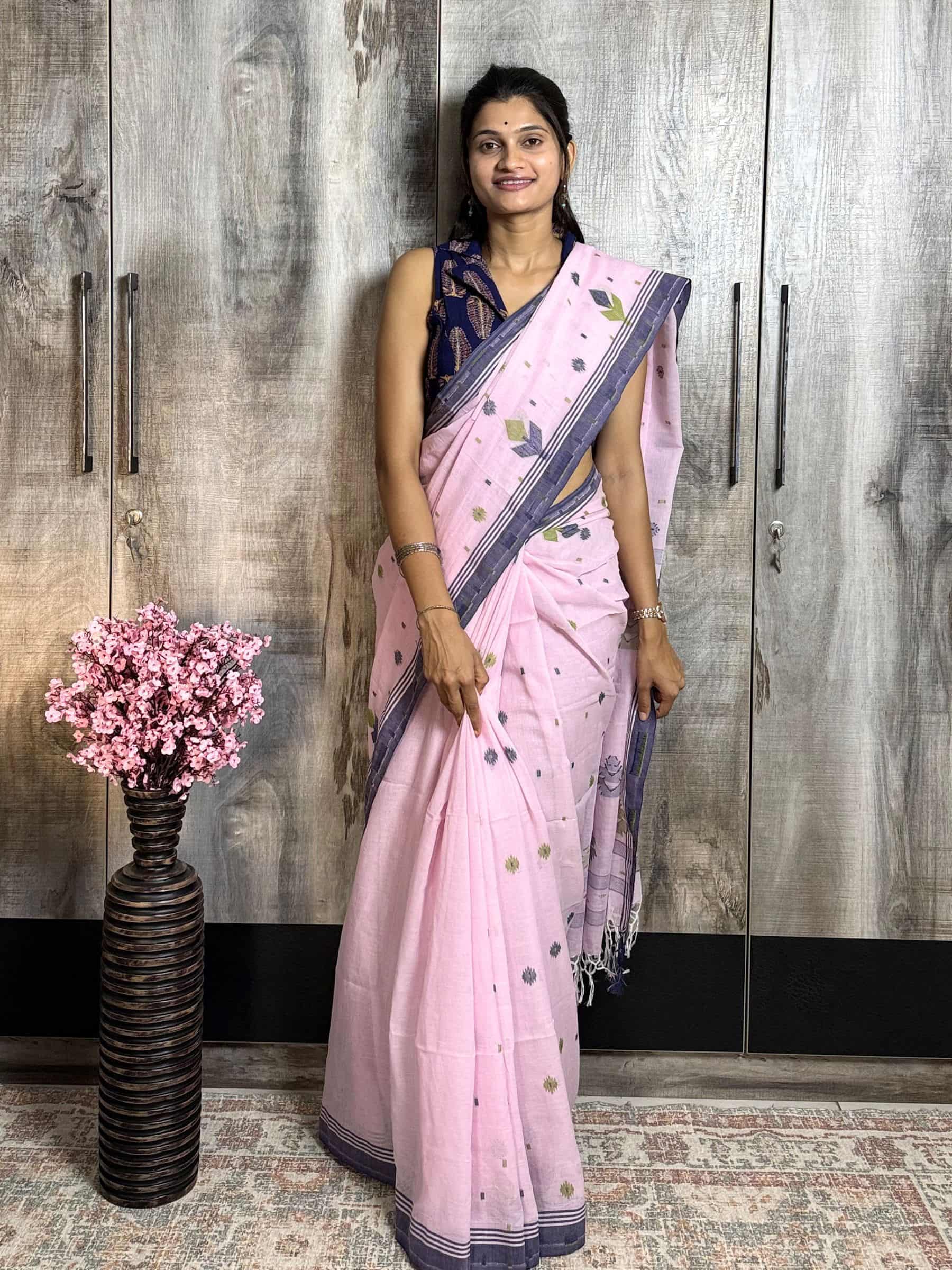Soft pink jacquard Jamdani cotton saree with grey border