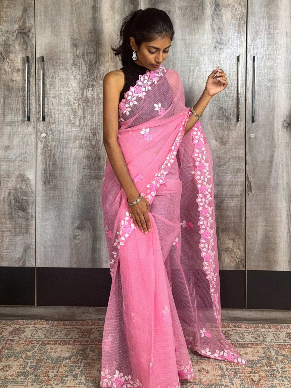 Pink Kota Doria saree with floral embroidery