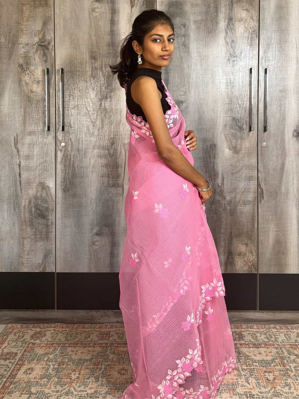 Kota Doria Embroidered Saree in Pink