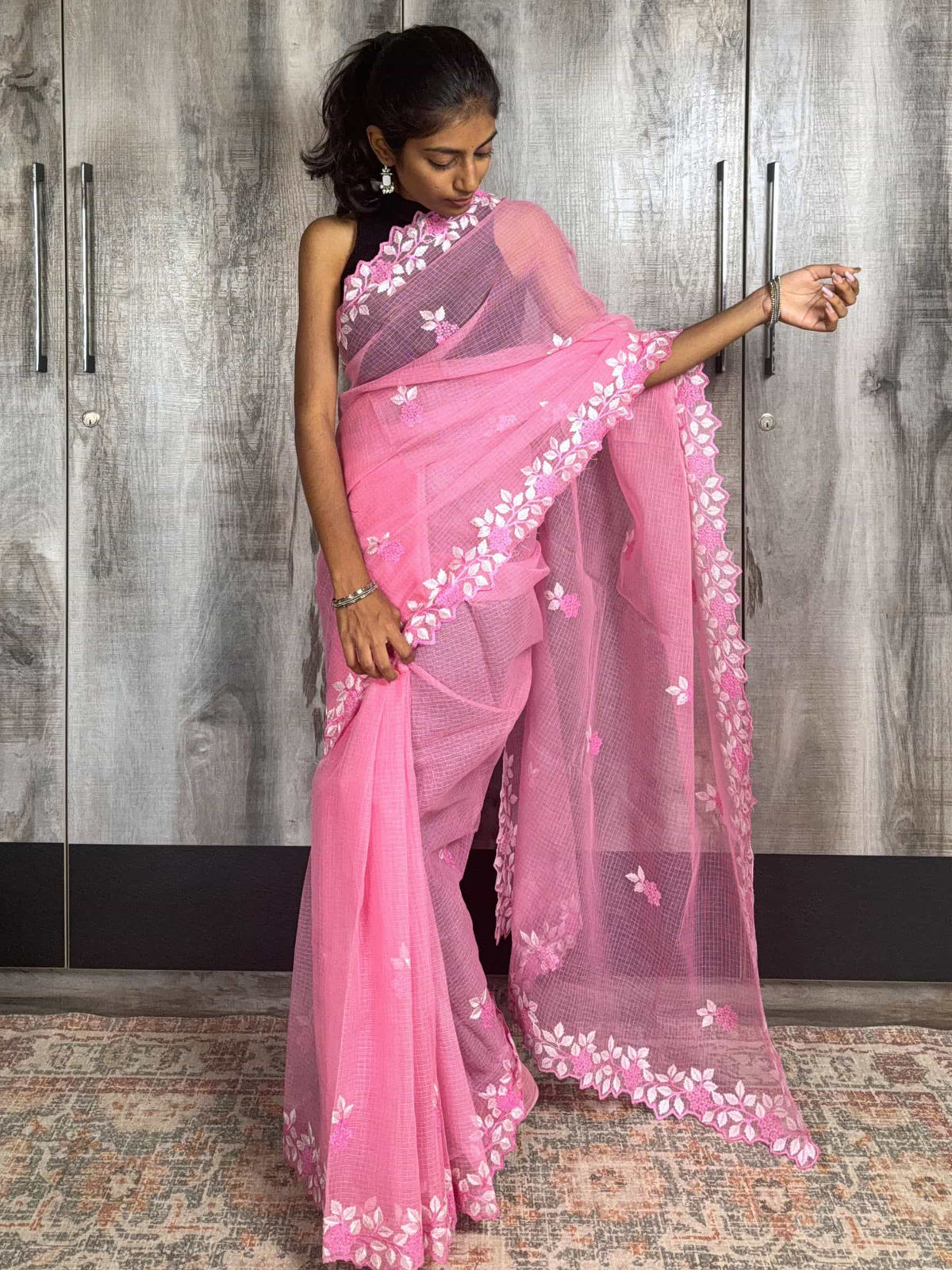 Kota Doria Embroidered Saree in Pink