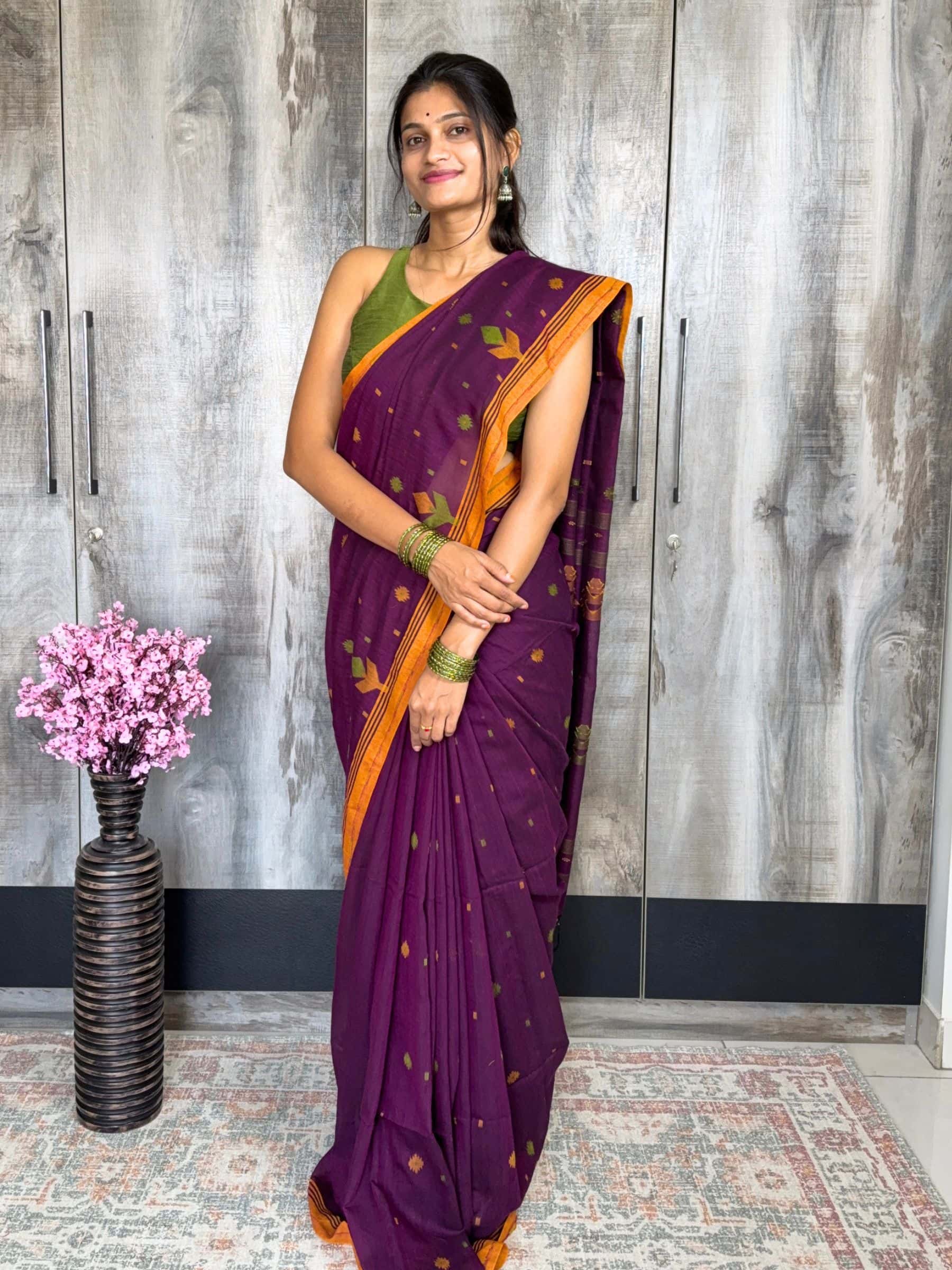Plum jacquard Jamdani cotton saree with orange border
