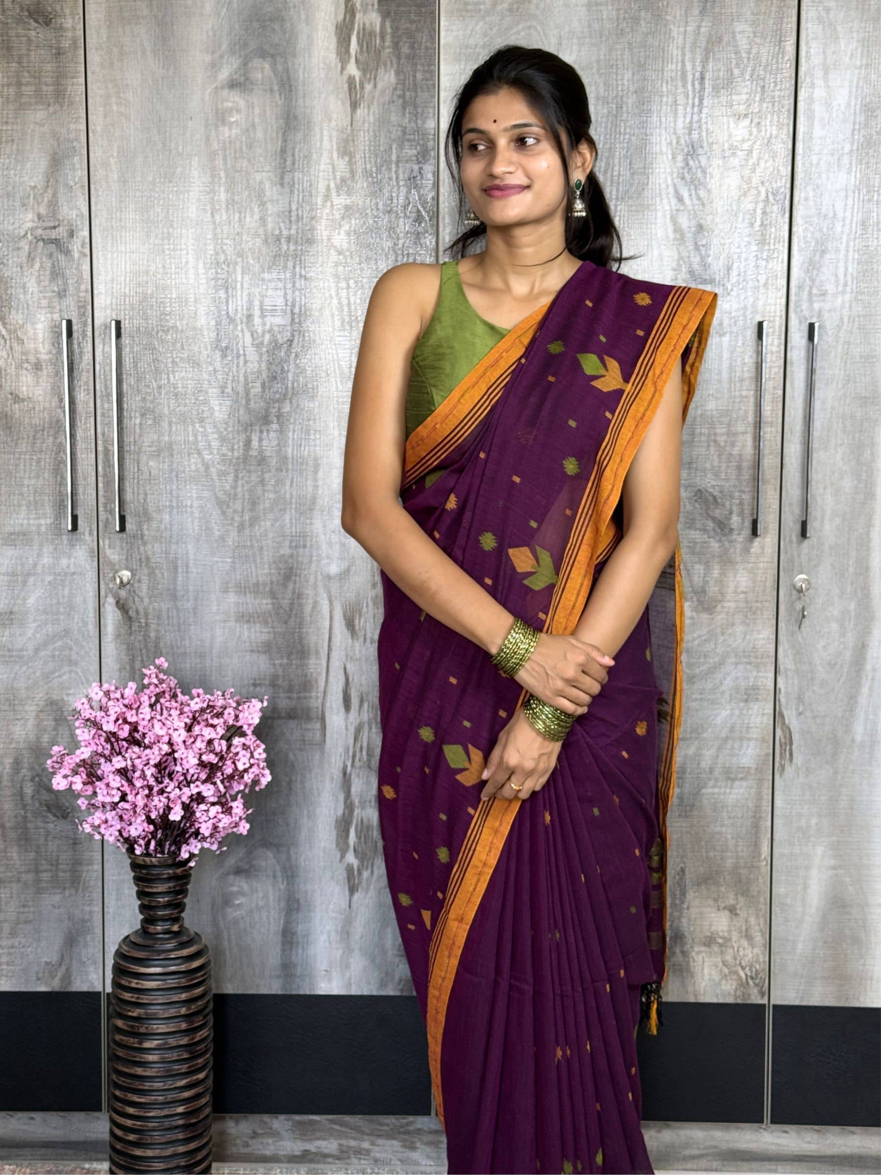 Handloom Jacquard Jamdani Cotton Saree in Plum