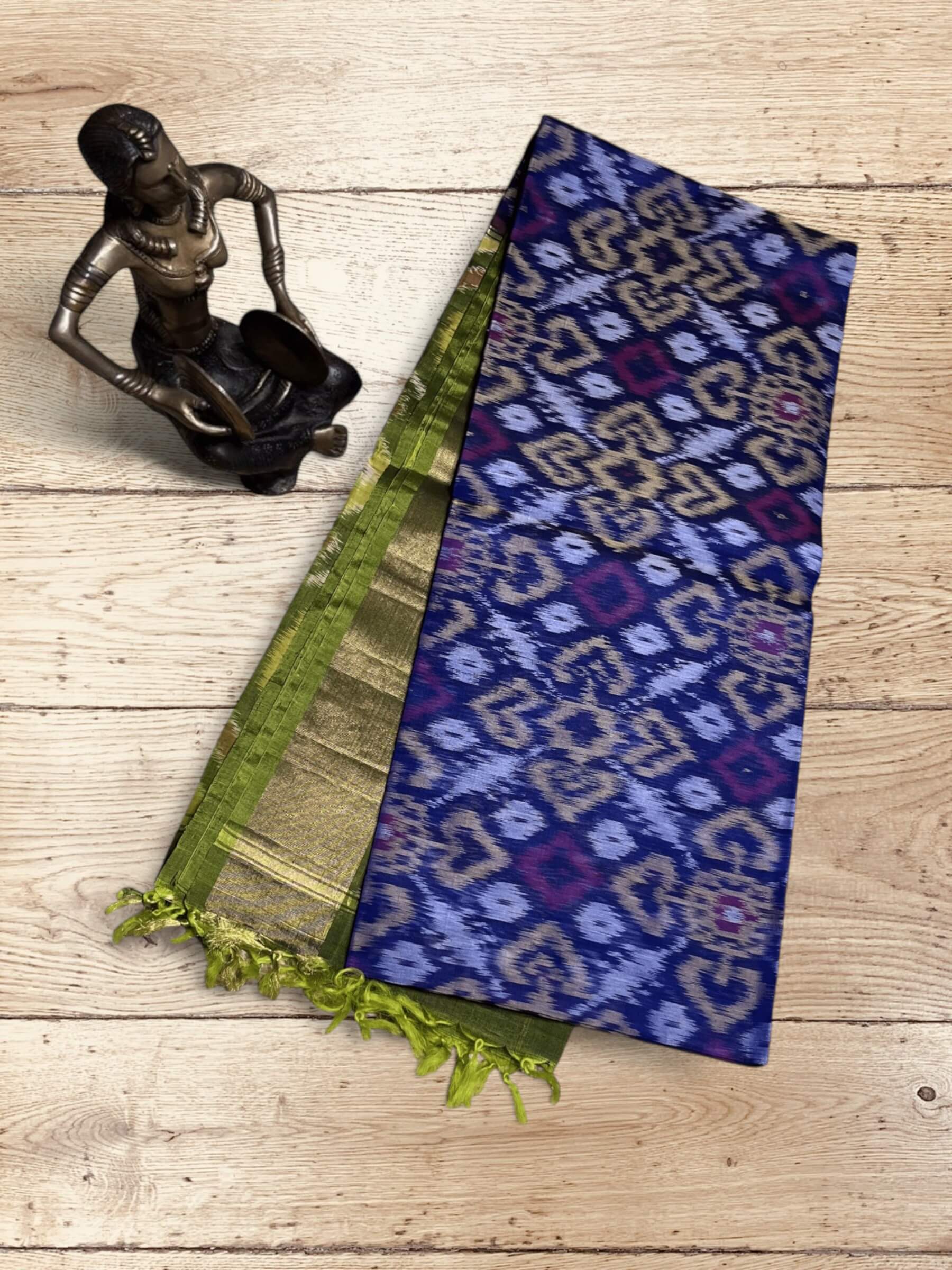 Handloom Pochampally Silk Cotton Saree in Blue & Olive-Green