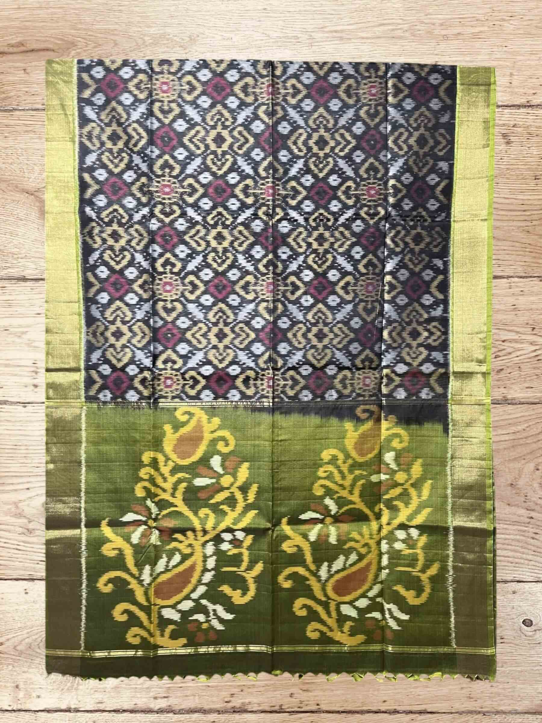 Handloom Pochampally Silk Cotton Saree in Dark-Grey & Olive-Green