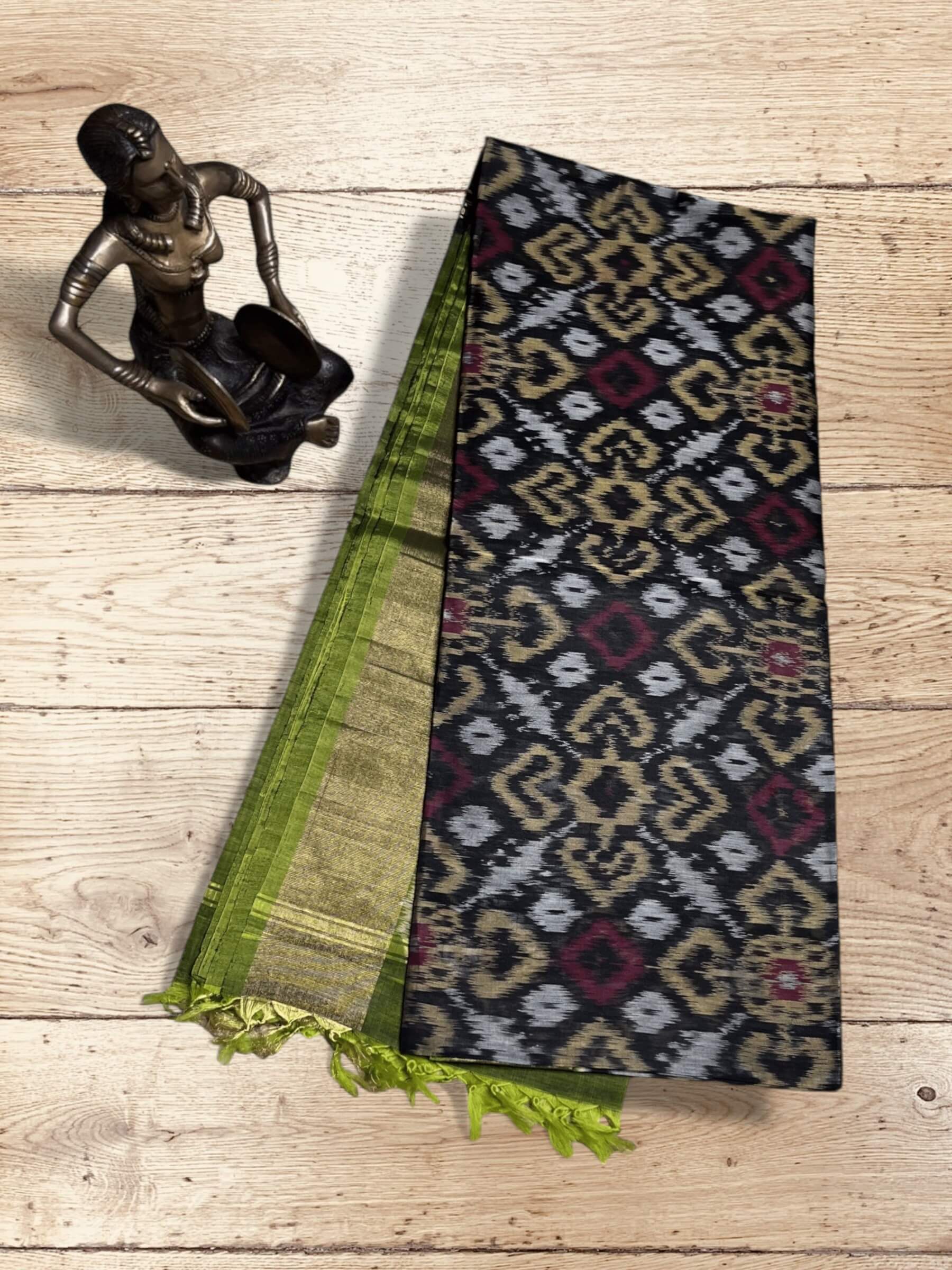 Handloom Pochampally Silk Cotton Saree in Dark-Grey & Olive-Green