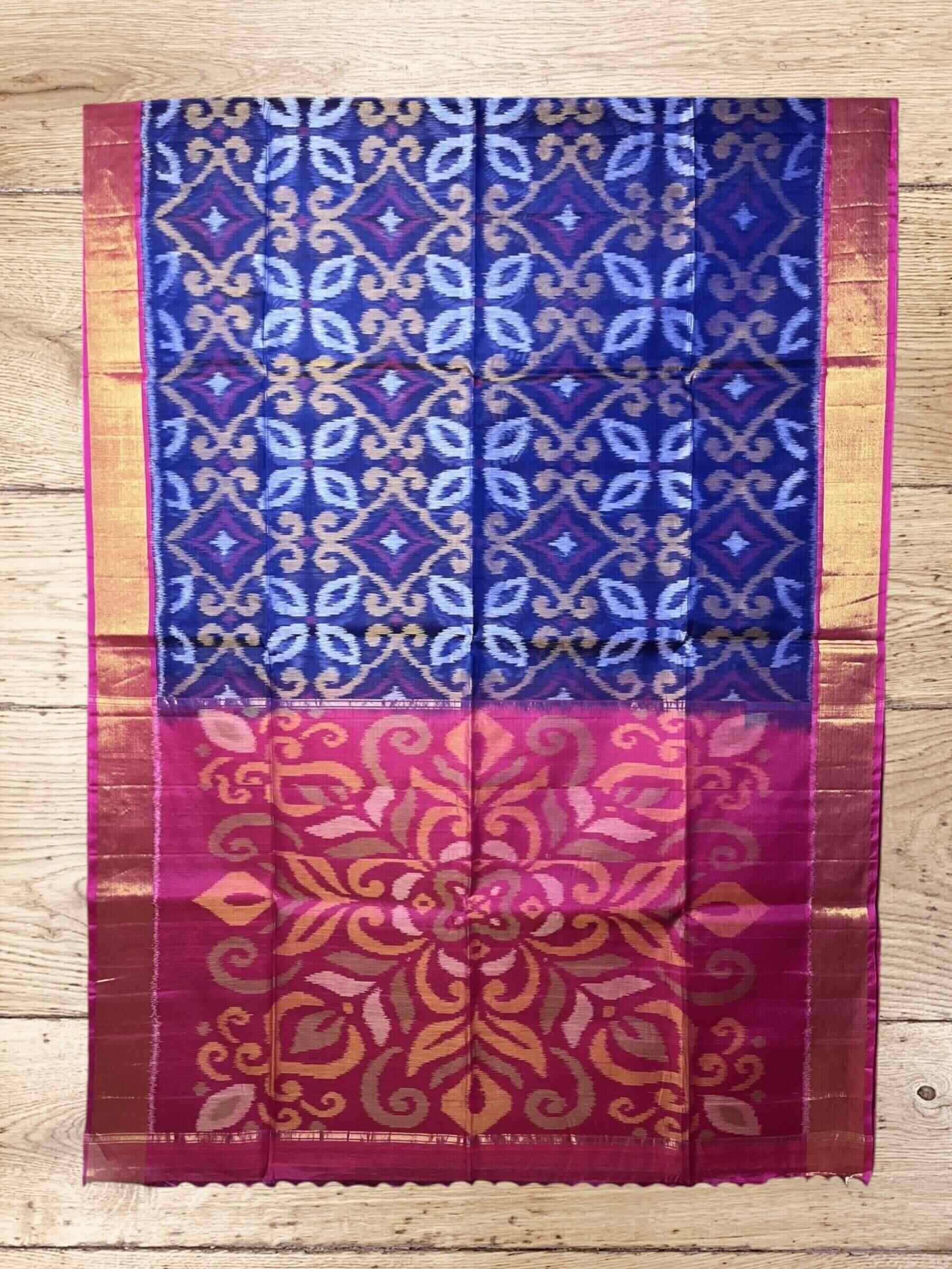 Handloom Pochampally Silk Cotton Saree in Rich-Blue & Pinkish-Red