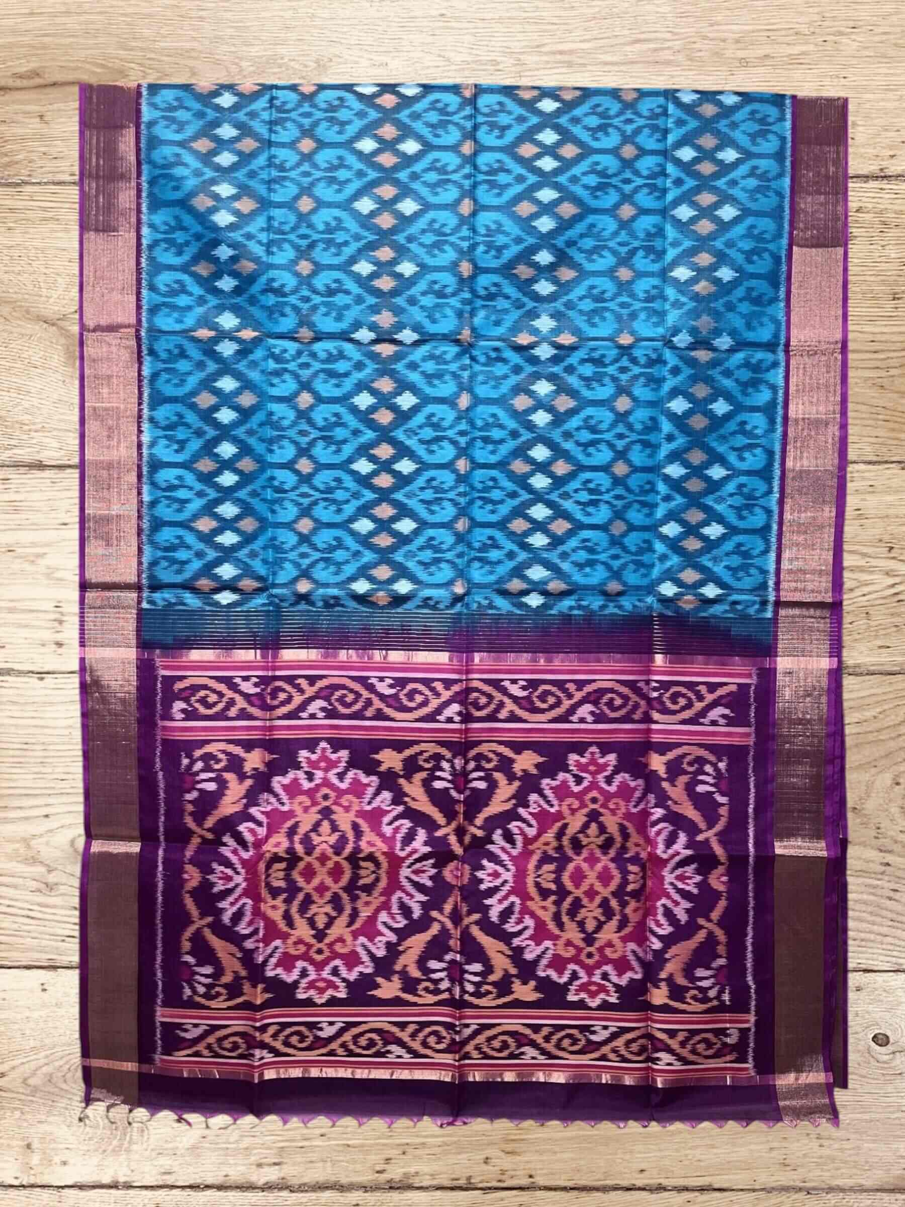 Handloom Pochampally Silk Cotton Saree in Vivid-Blue & Purple