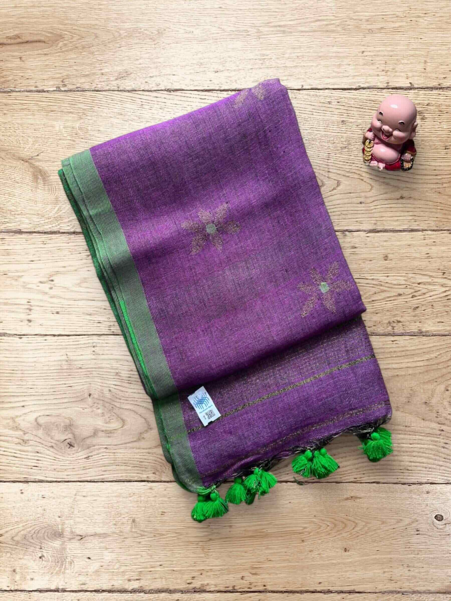 Handloom Tissue Linen Saree in Purple & Green