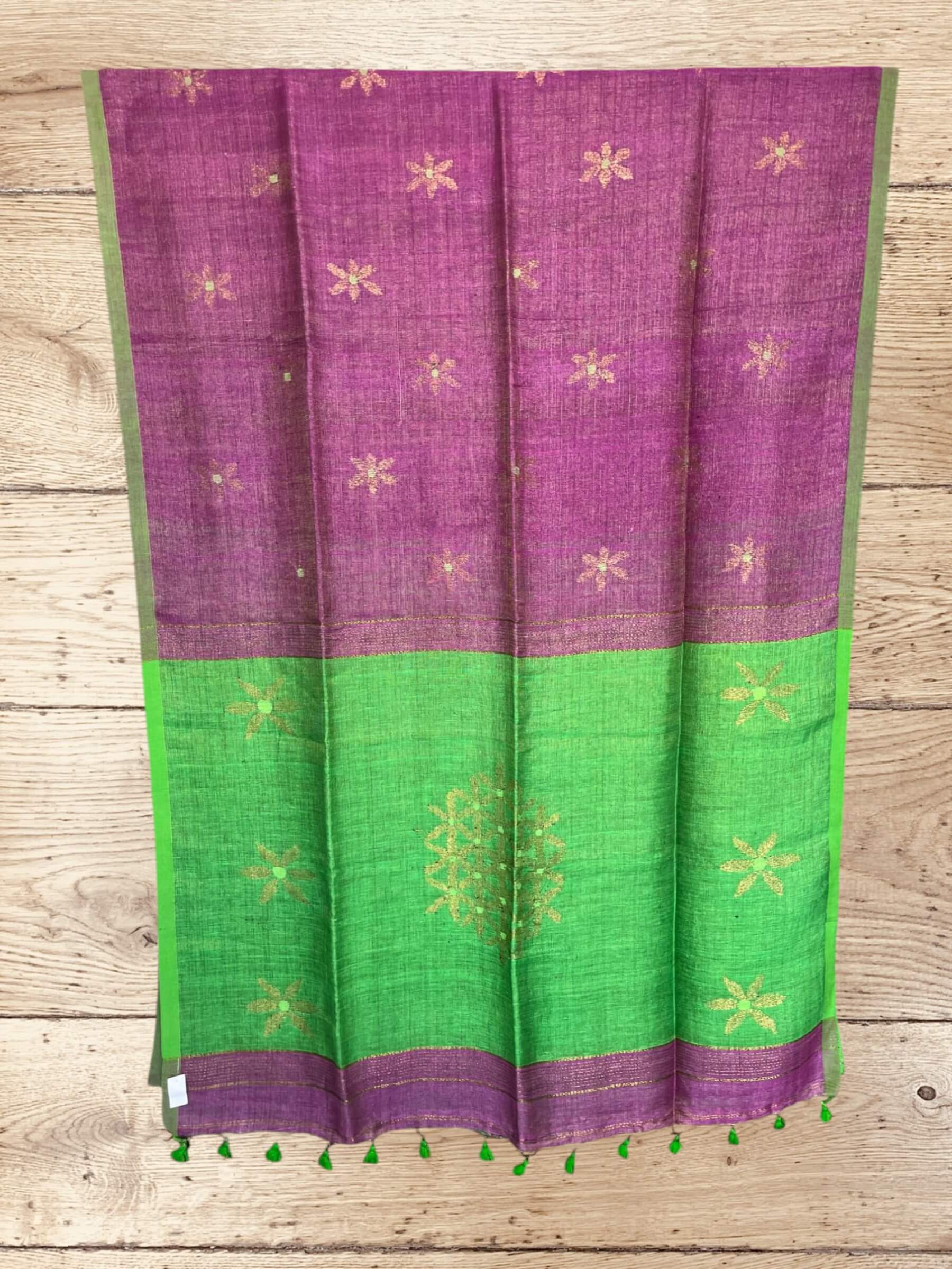 Handloom Tissue Linen Saree in Purple & Green