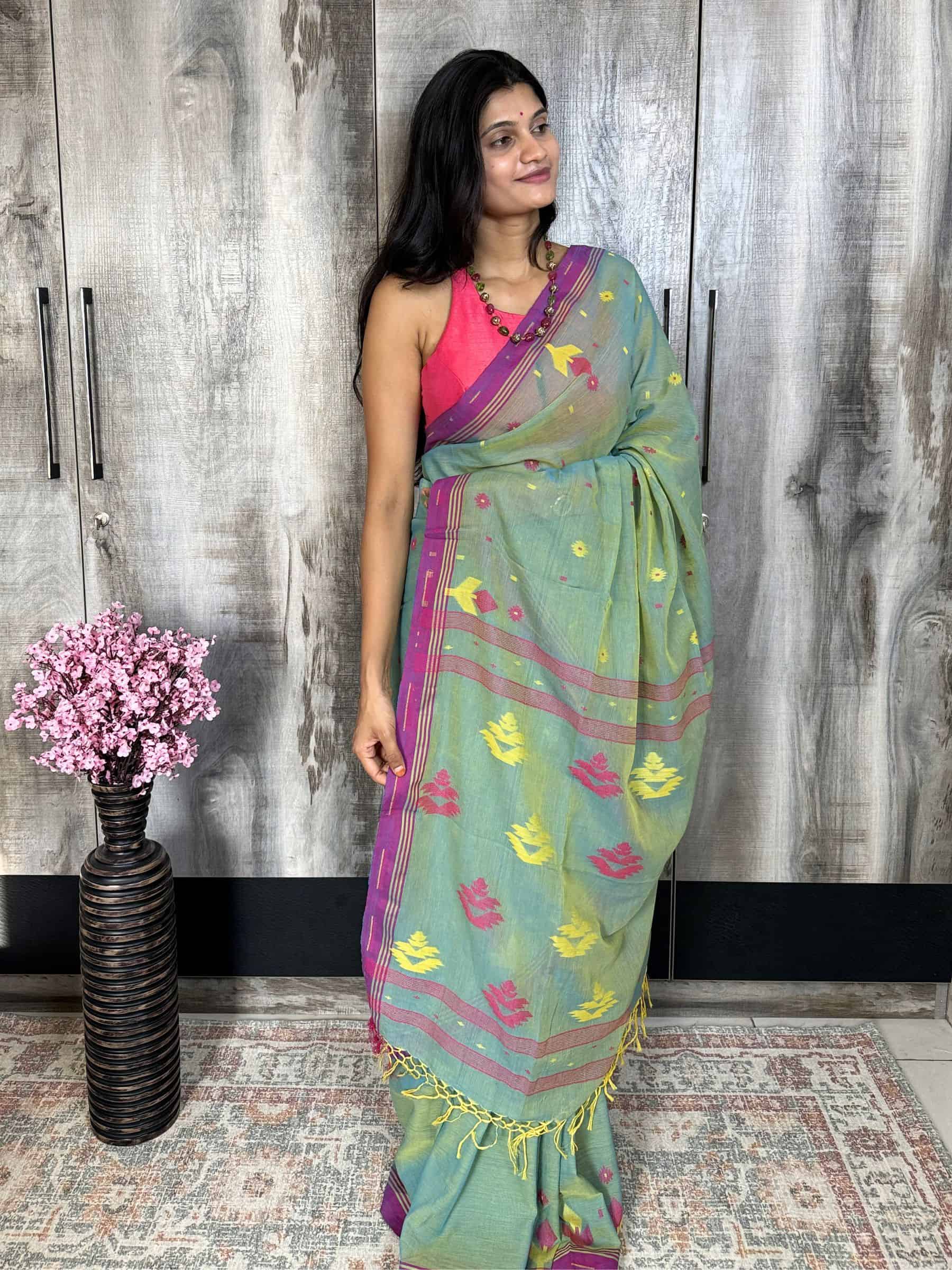 Handloom Jacquard Jamdani Cotton Saree in Sea Green