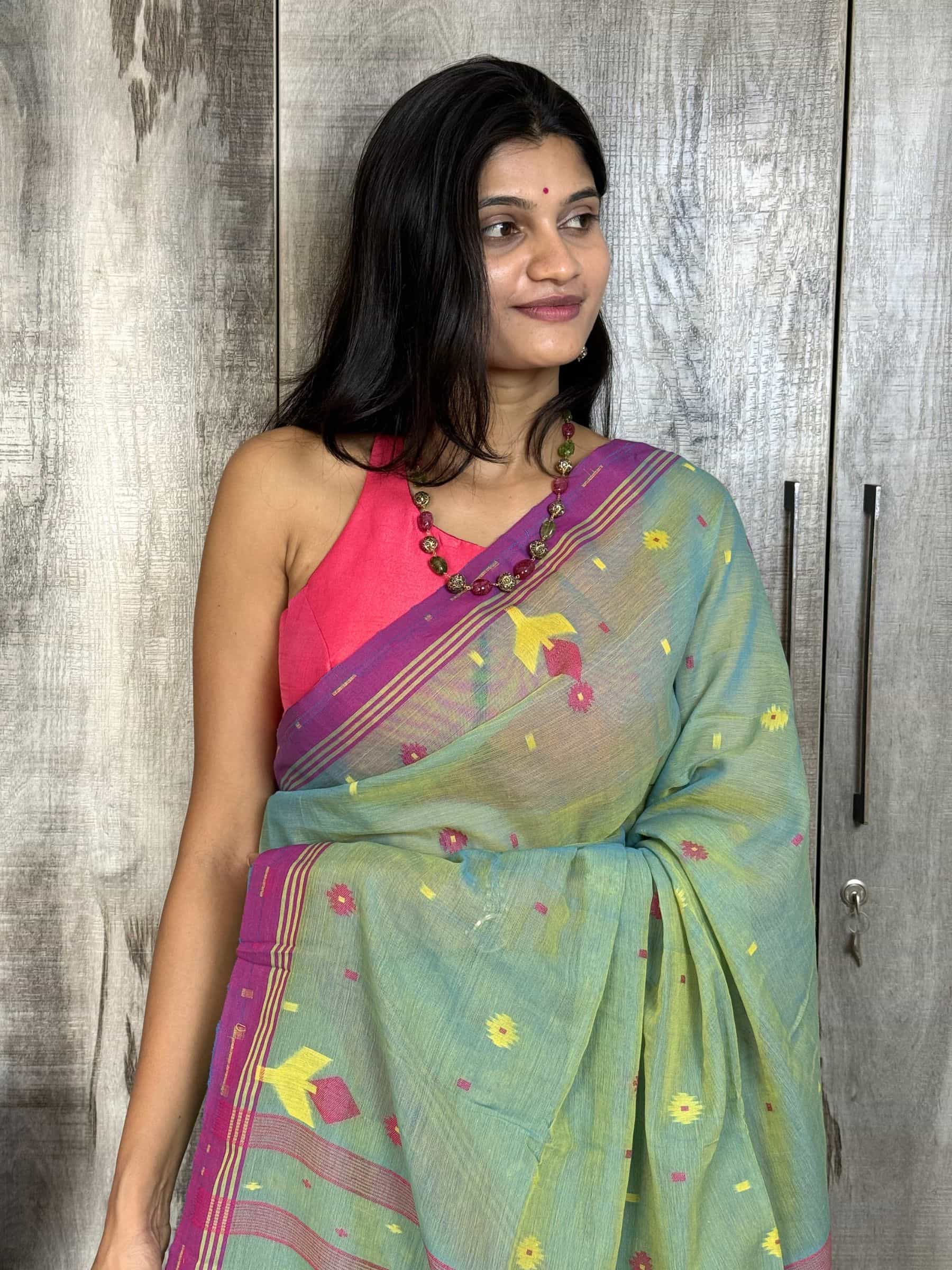 Handloom Jacquard Jamdani Cotton Saree in Sea Green
