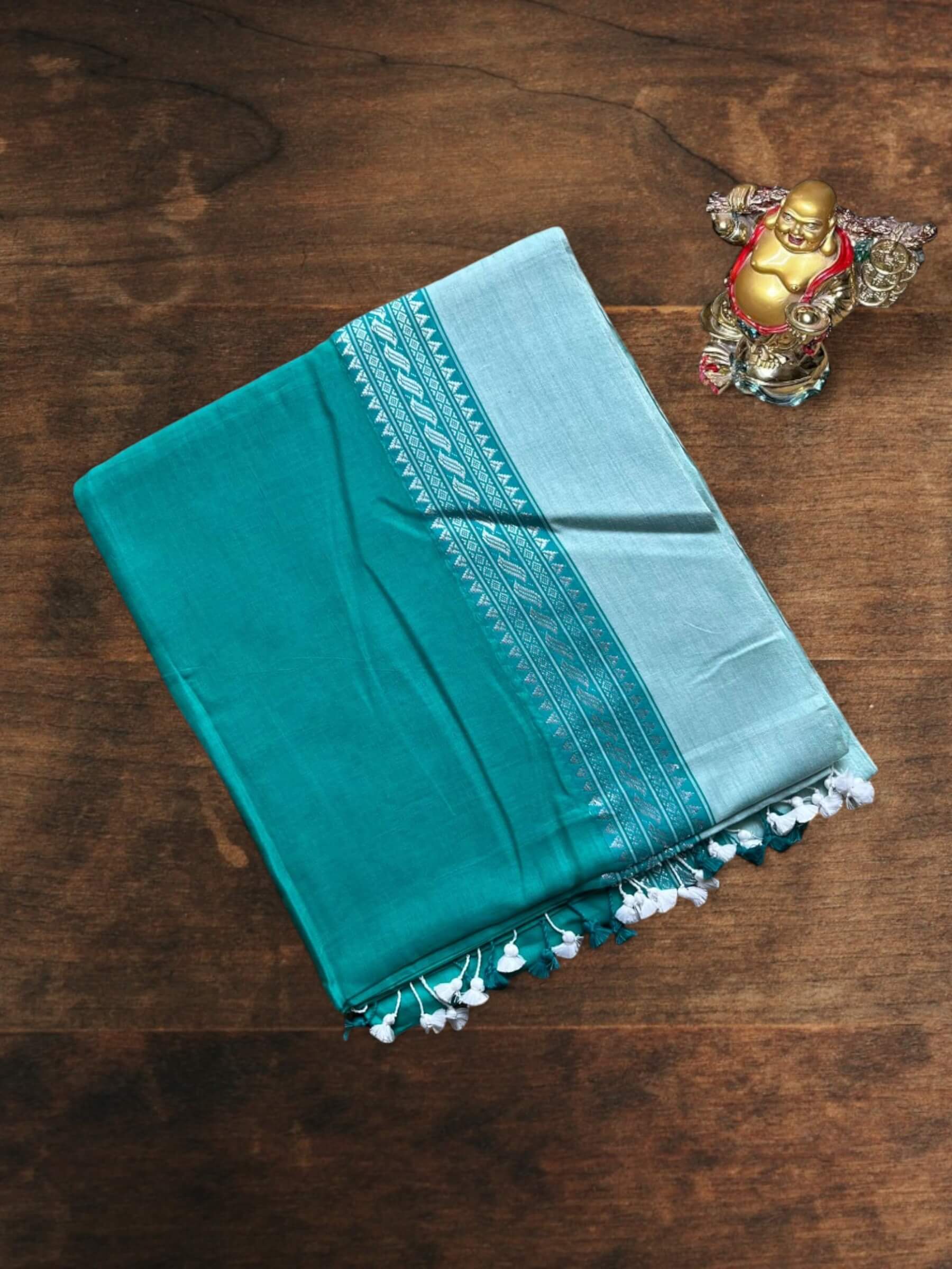 Handloom Soft Cotton Saree in Teal and Light Blue