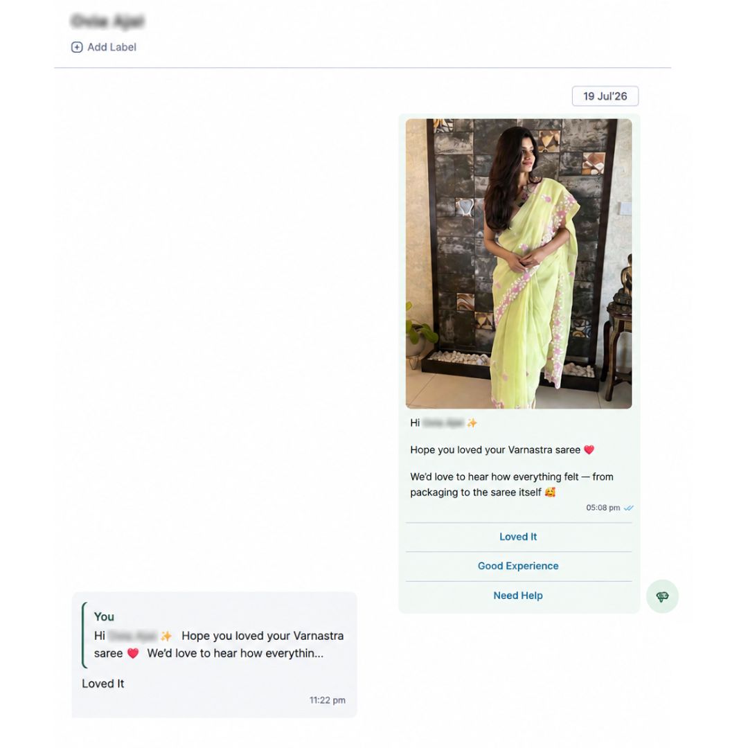 Varnastra customer wearing a saree and sharing feedback