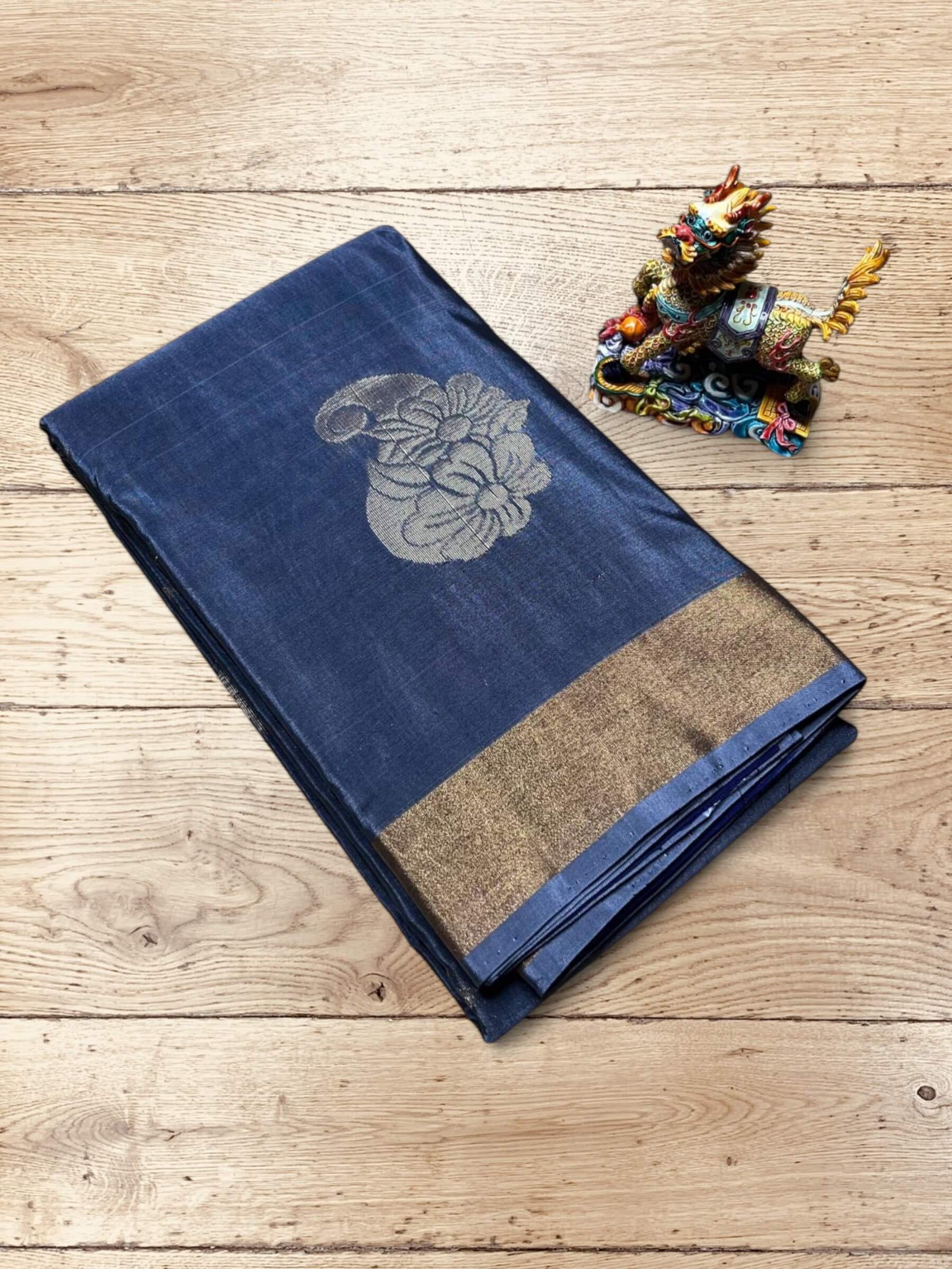 Handloom Silk Cotton Saree in Steel Blue