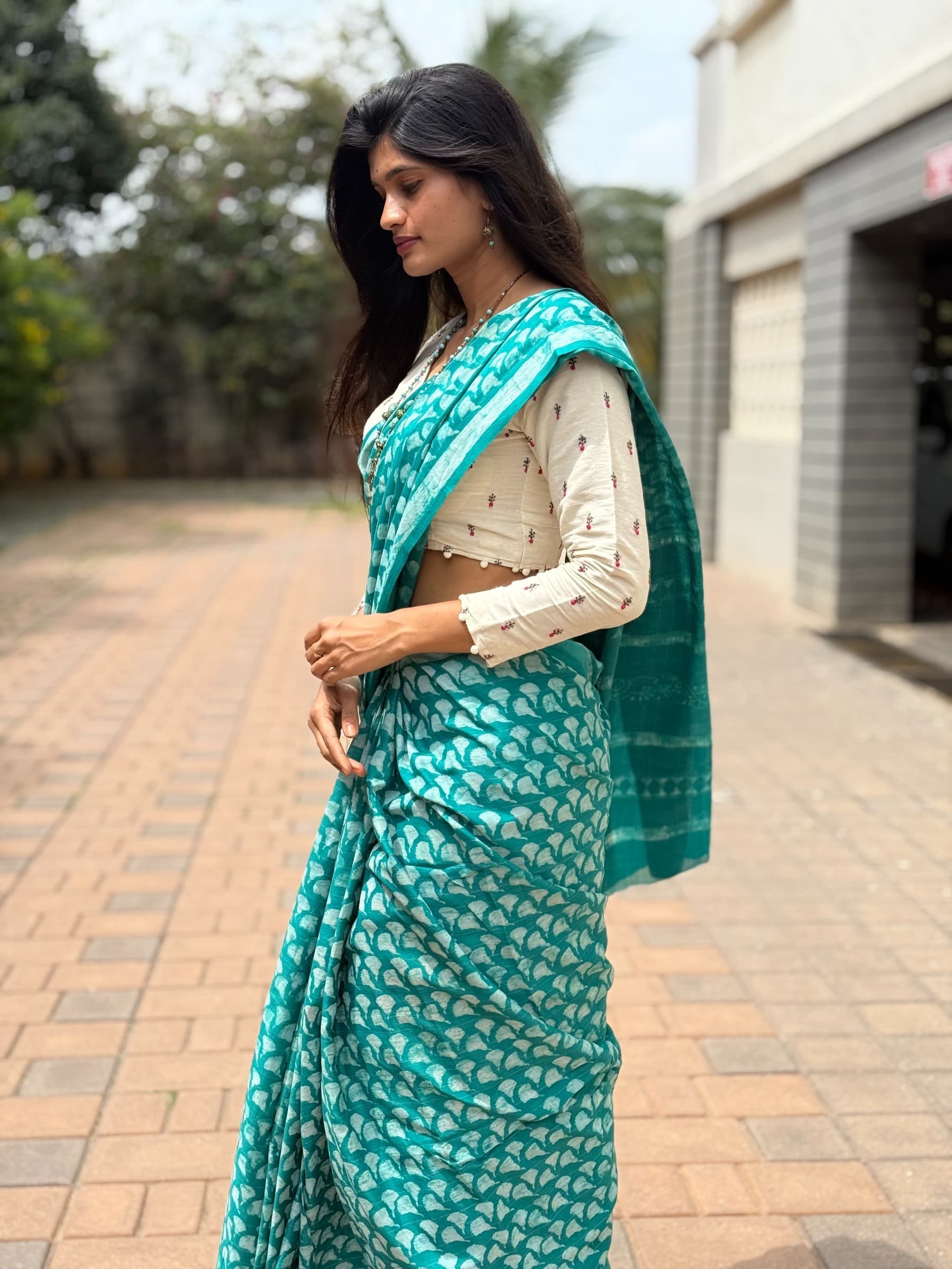 Turquoise Indigo Hand Block Printed Banana Silk Cotton Saree