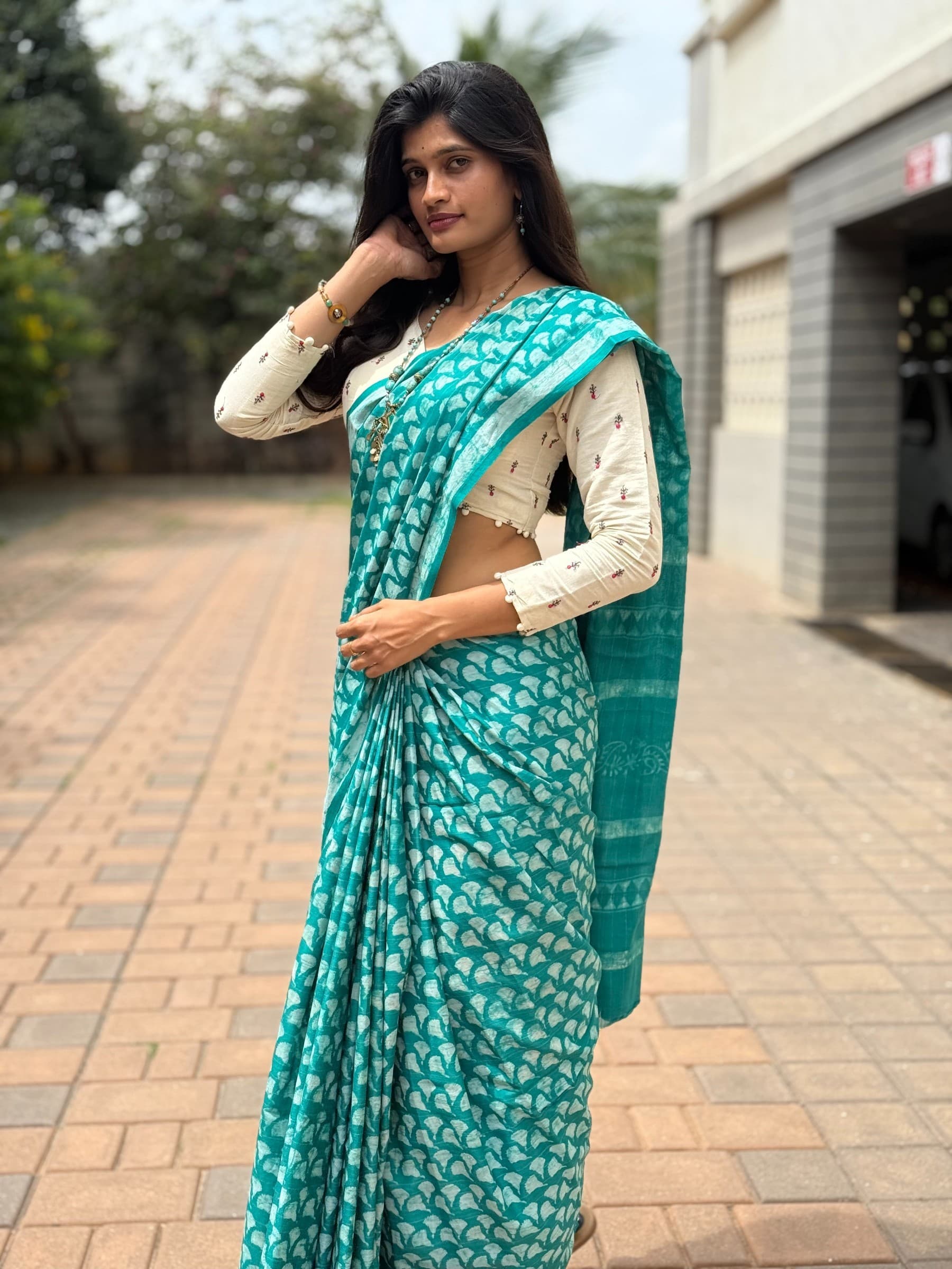 Turquoise Indigo hand block printed banana silk cotton saree