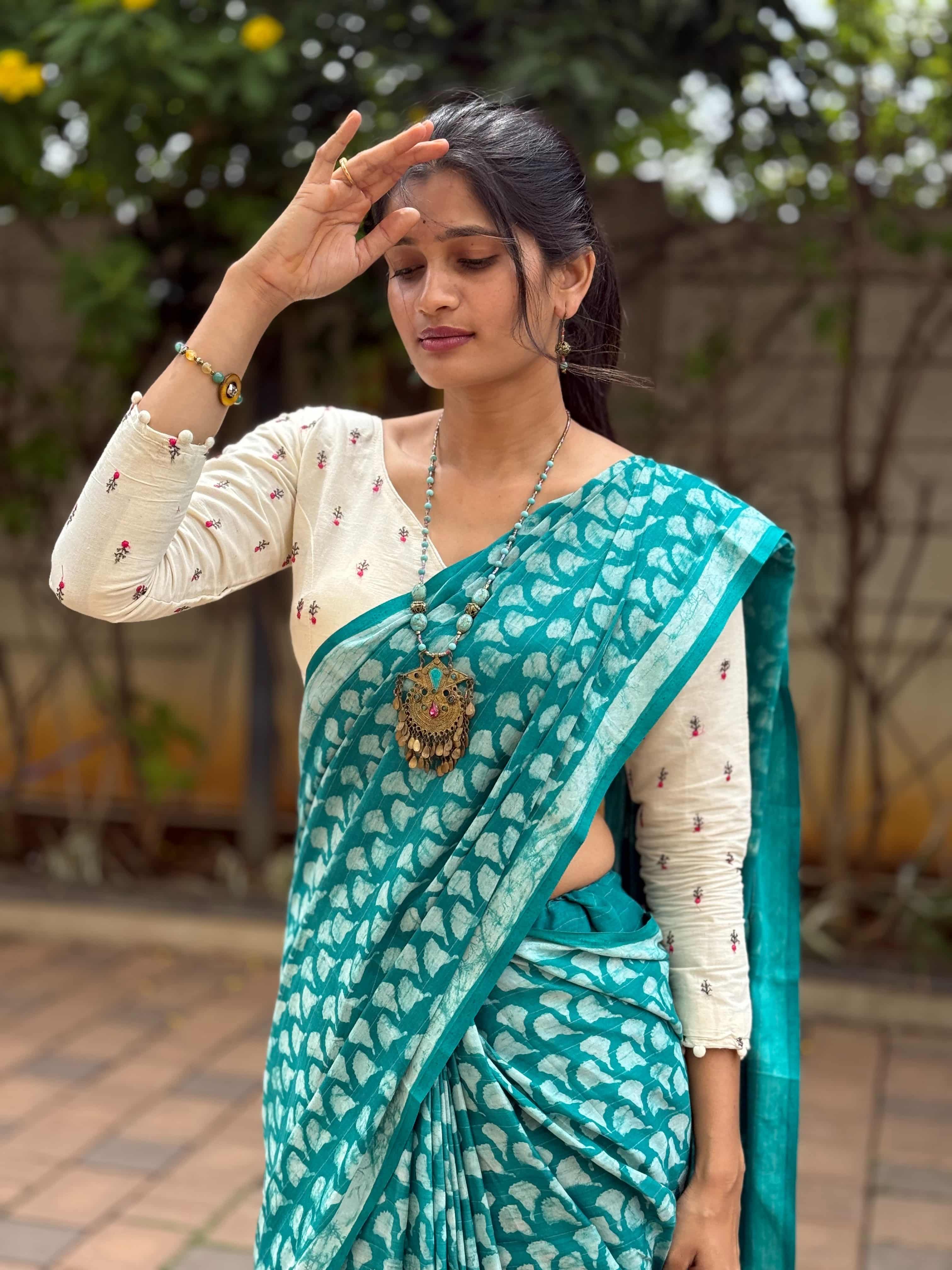 Turquoise Indigo Hand Block Printed Banana Silk Cotton Saree