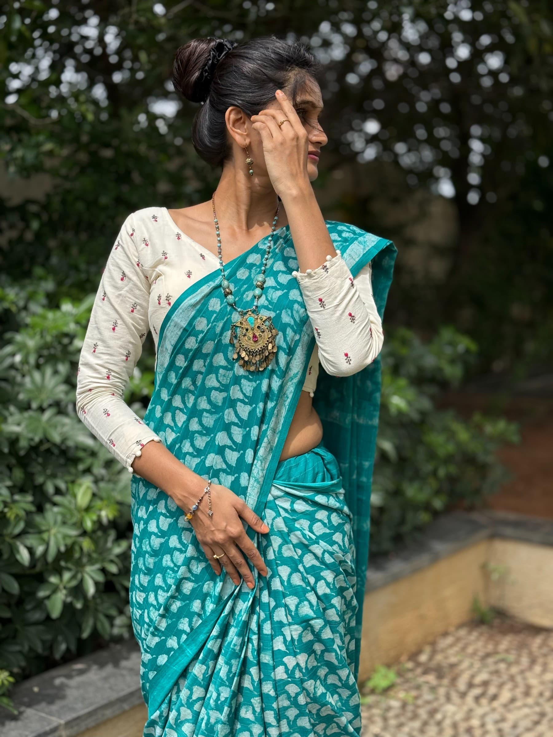 Turquoise Indigo Hand Block Printed Banana Silk Cotton Saree