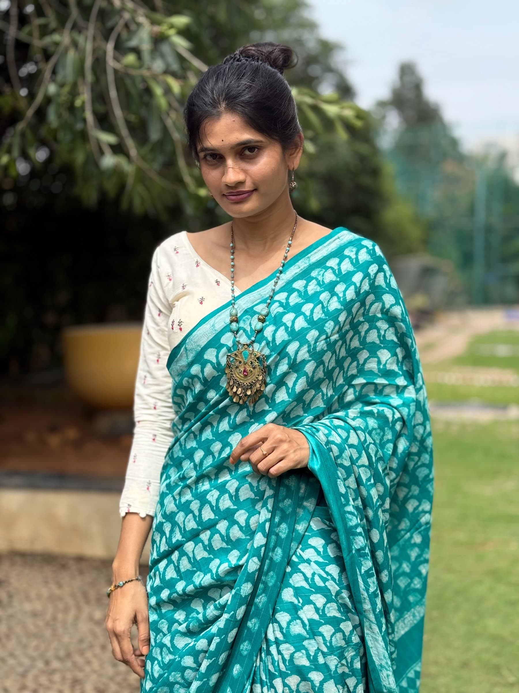 Turquoise Indigo Hand Block Printed Banana Silk Cotton Saree