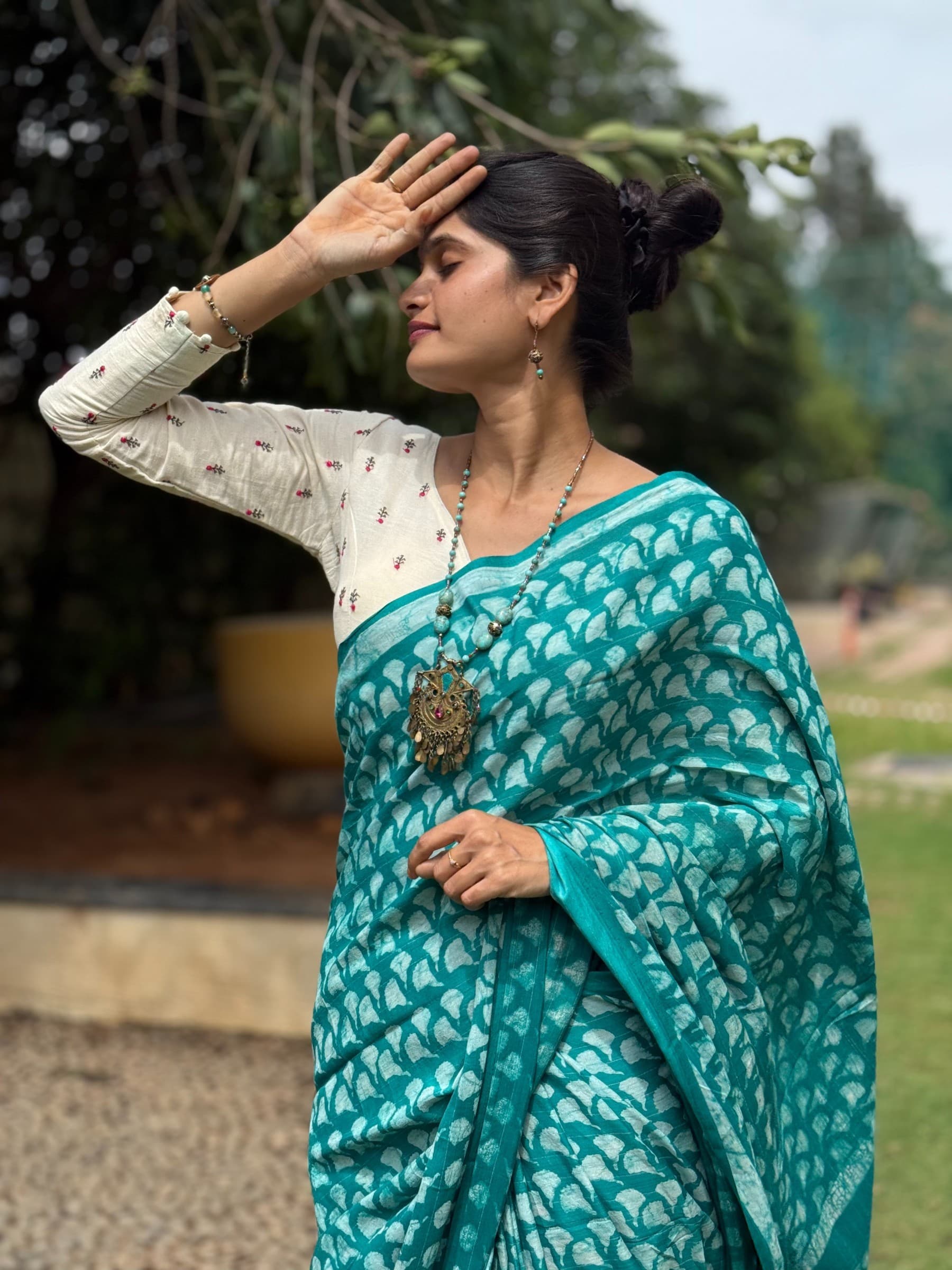 Turquoise Indigo Hand Block Printed Banana Silk Cotton Saree