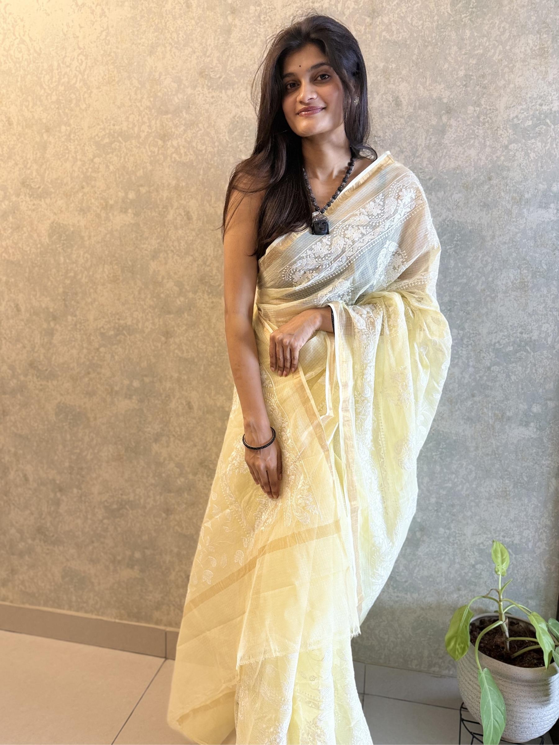 Yellow Kota Doria Saree with white floral embroidery