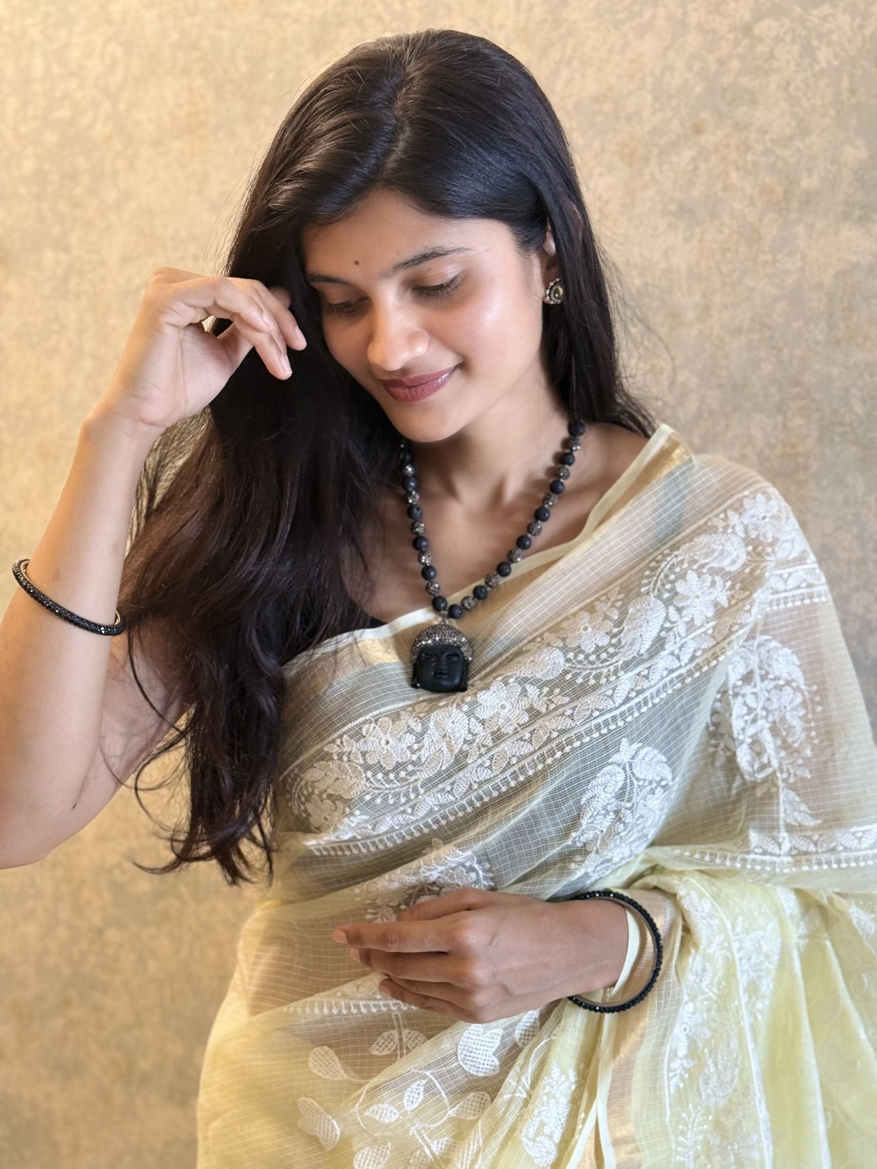 Embroidered Yellow Kota Doria Saree with White Floral Work
