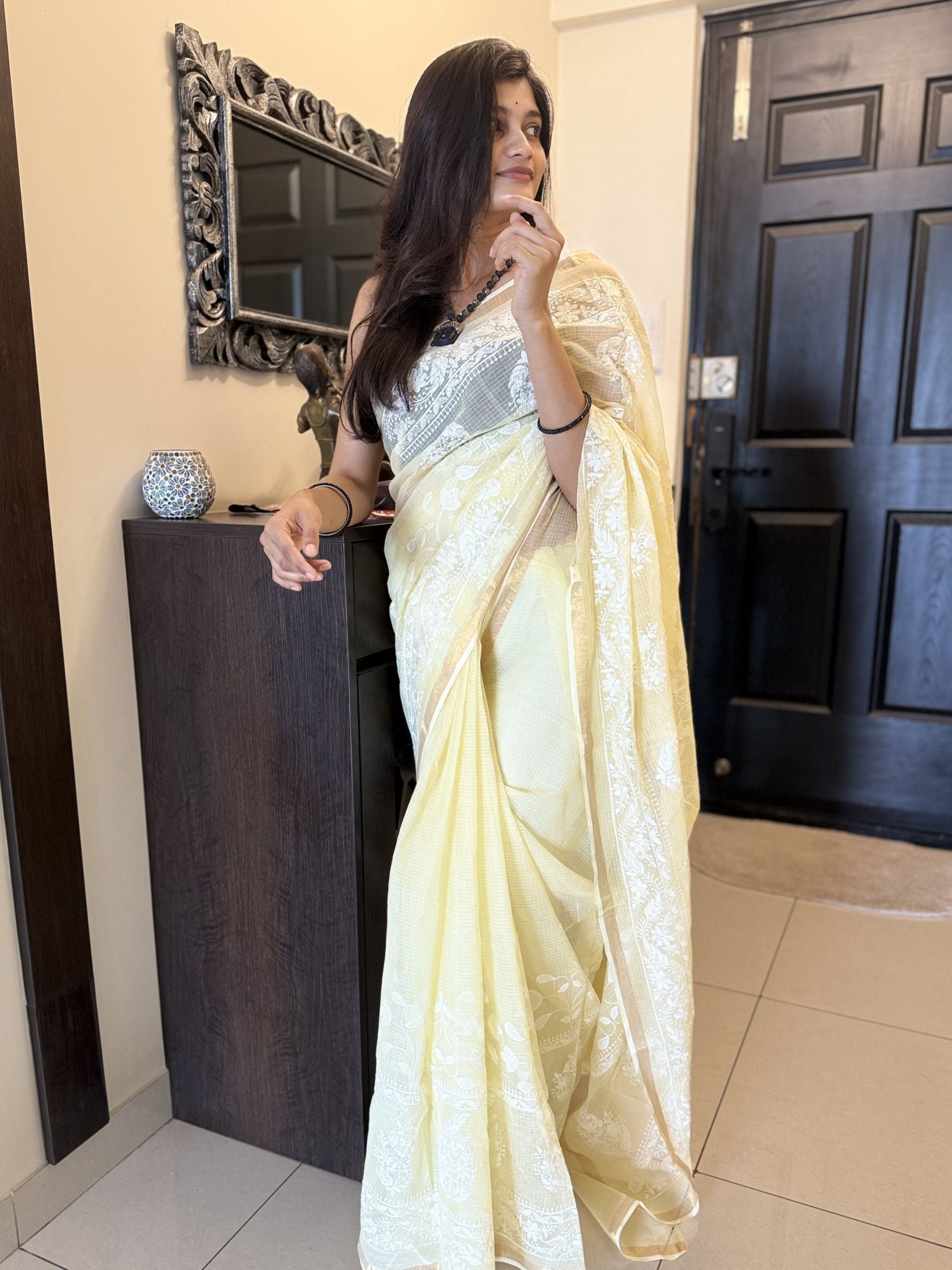 Embroidered Yellow Kota Doria Saree with White Floral Work