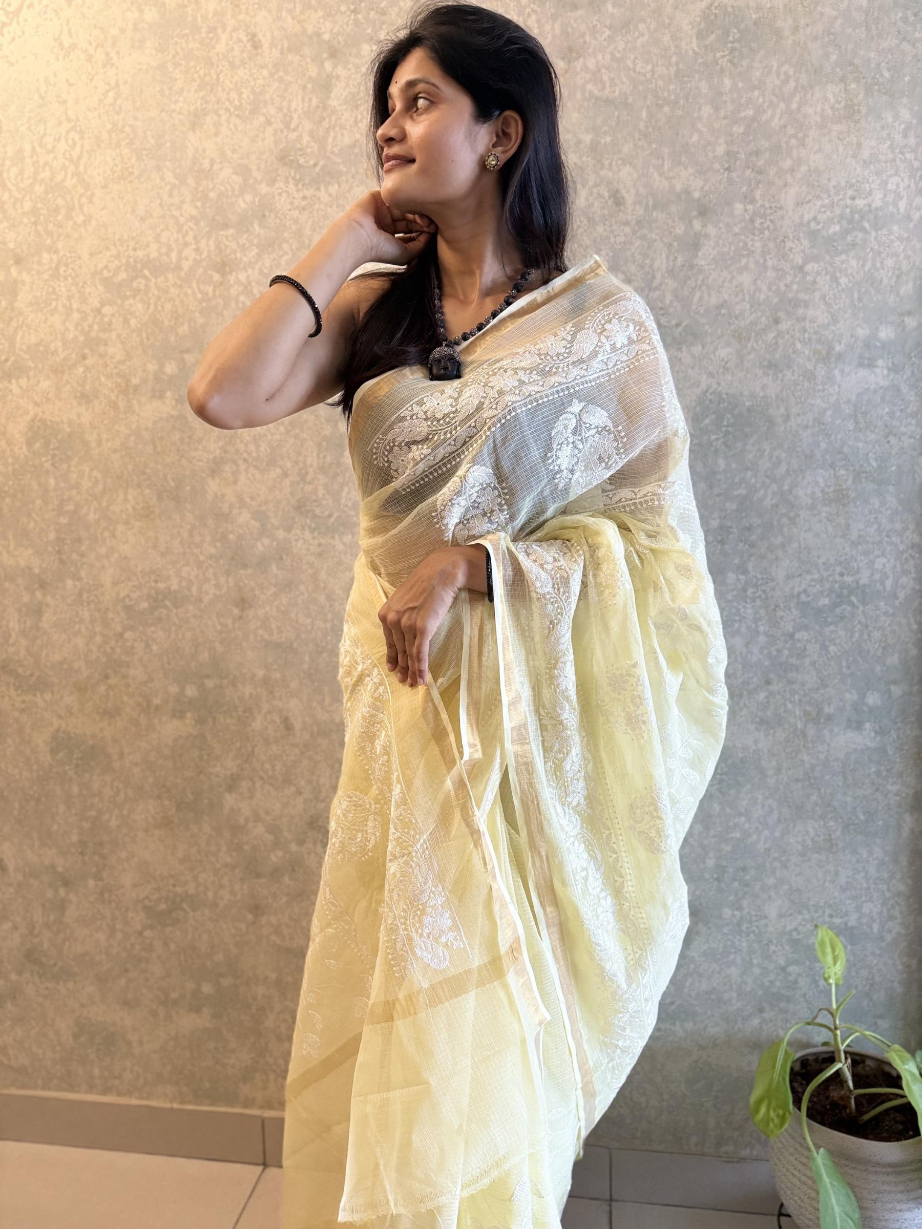 Embroidered Yellow Kota Doria Saree with White Floral Work