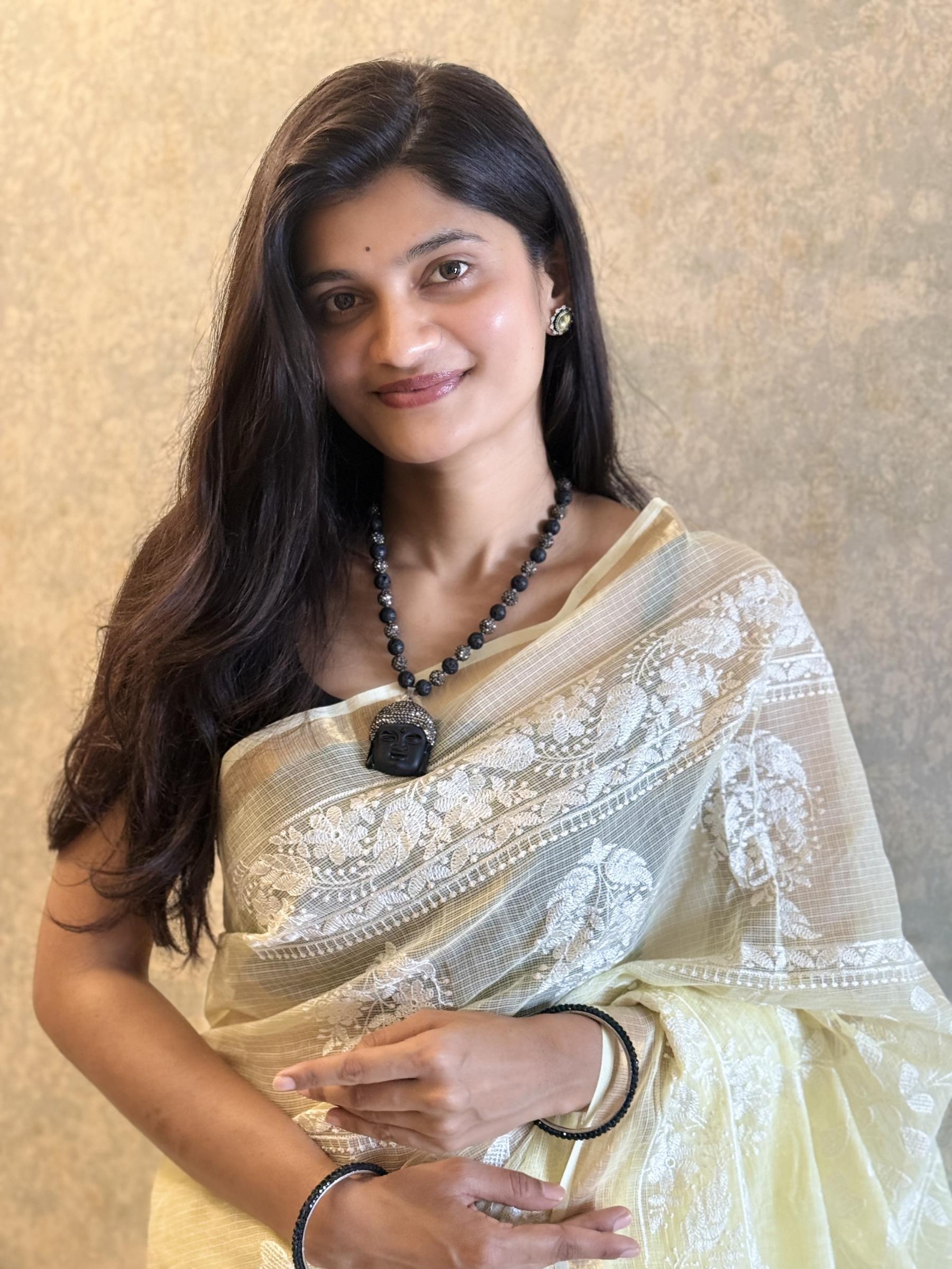 Embroidered Yellow Kota Doria Saree with White Floral Work
