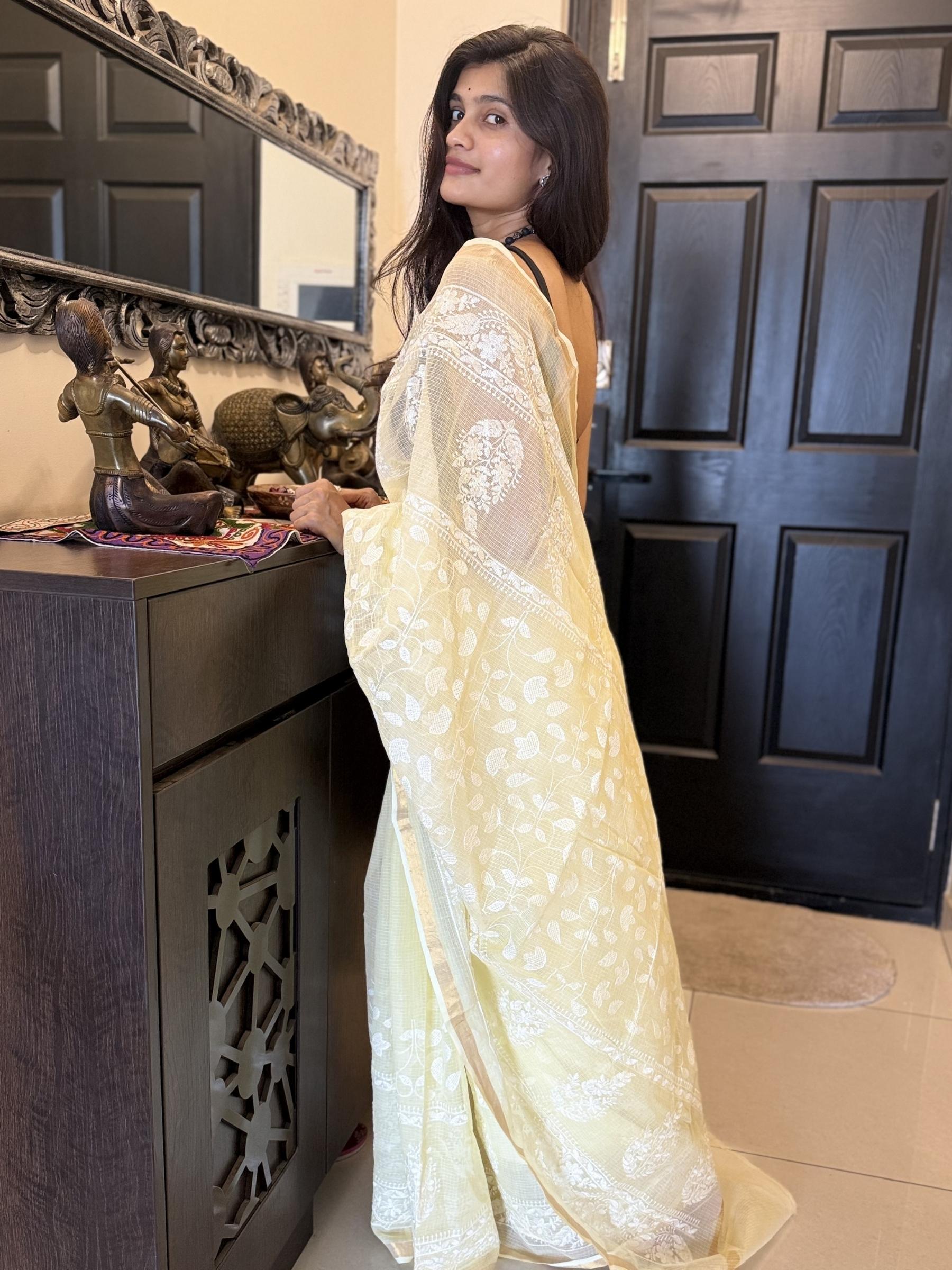 Embroidered Yellow Kota Doria Saree with White Floral Work