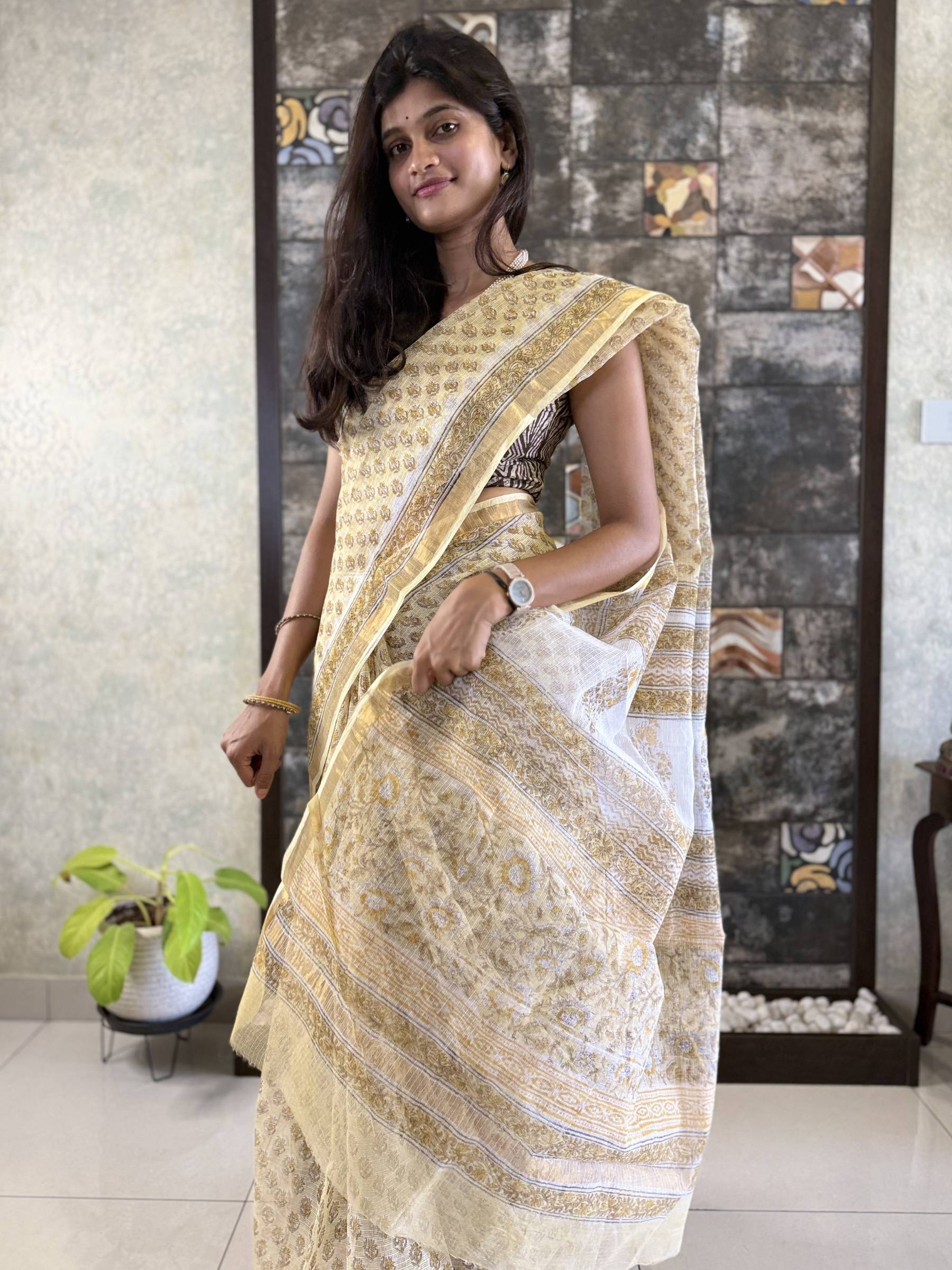 Yellow Floral Kota Doria Block Printed Saree